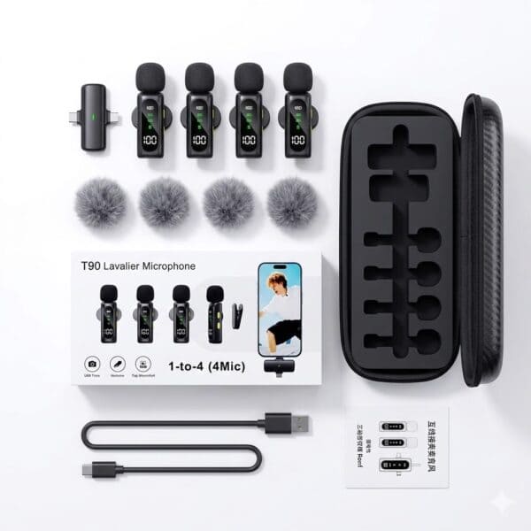 T-90 4-in-1 Wireless Microphone – 4 Mics, Noise Reduction & Magnetic Clip ,Lavalier Microphone Digital  Display Noise Cancelling