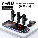 T-90 4-in-1 Wireless Microphone – 4 Mics, Noise Reduction & Magnetic Clip ,Lavalier Microphone Digital  Display Noise Cancelling