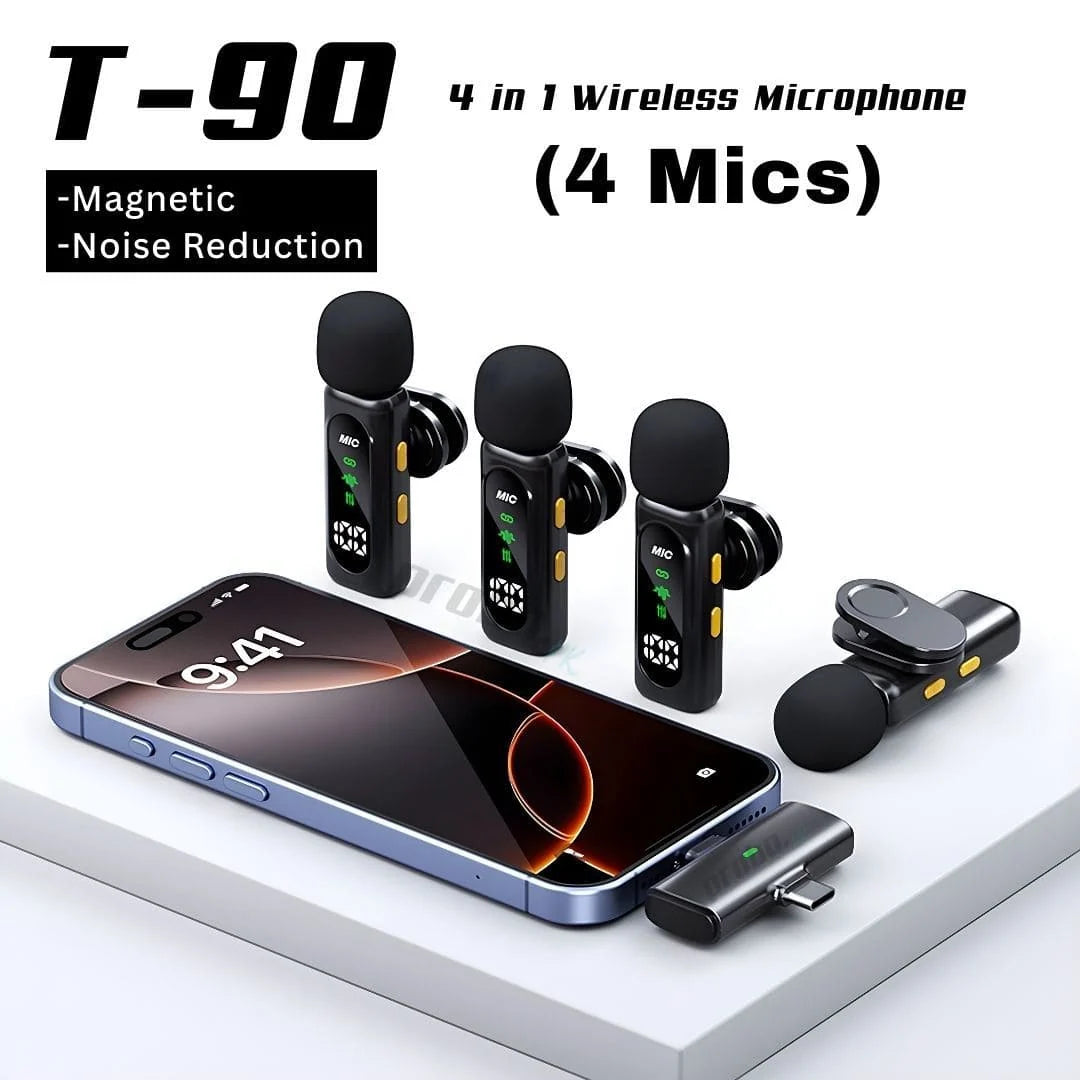 T-90 4-in-1 Wireless Microphone – 4 Mics, Noise Reduction & Magnetic Clip ,Lavalier Microphone Digital  Display Noise Cancelling