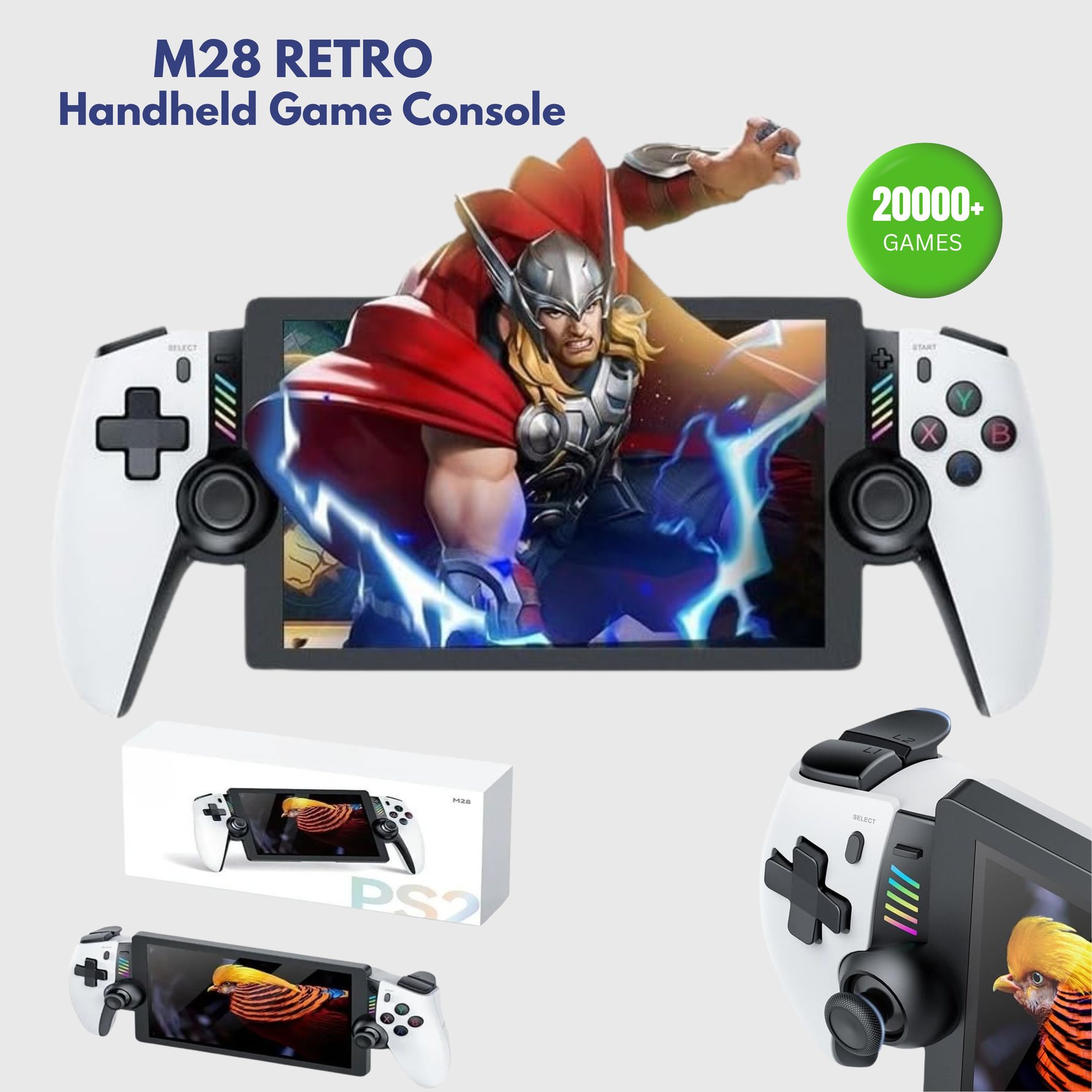 M28 Retro Handheld Game Console, 7.1" Large HD LCD Screen, EmuELEC System Built-in 30+ Emulators & 20,000+ Games, 4000mAh Battery Portable Video Gaming Player for Kids Adults