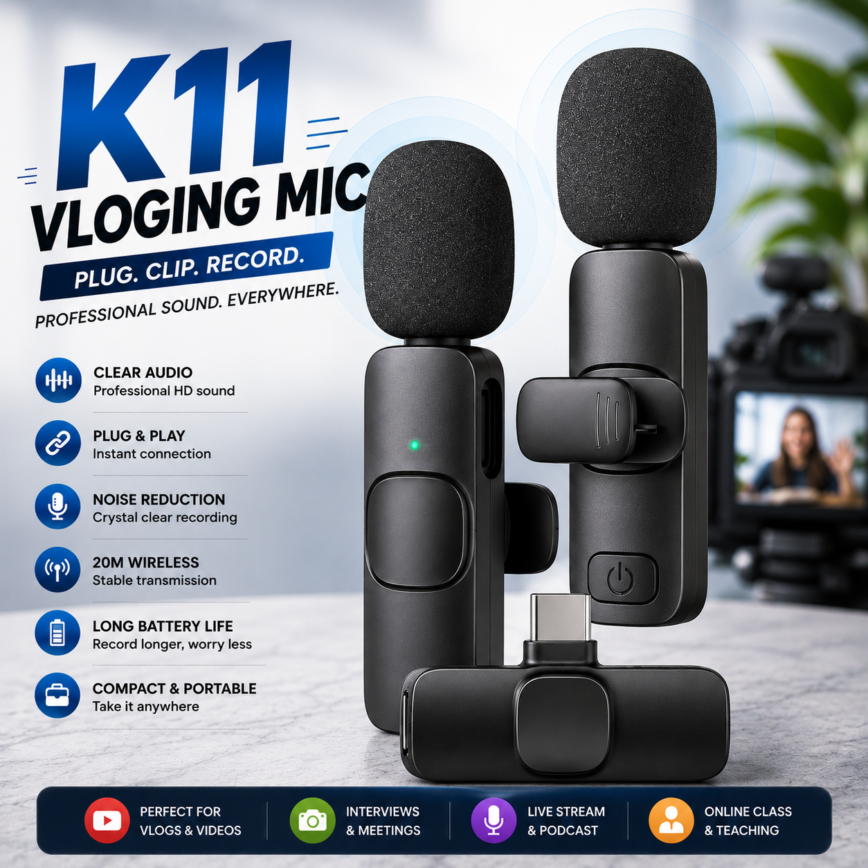 K11 Wireless Vlogging Microphone – Dual Mic with Noise Reduction & Plug & Play ( C-Type Connector)
