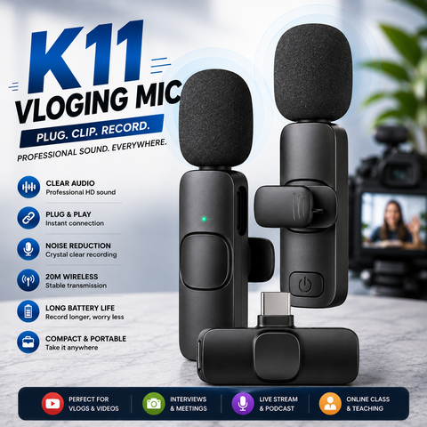 K11 Wireless Vlogging Microphone – Dual Mic with Noise Reduction & Plug & Play ( C-Type Connector)
