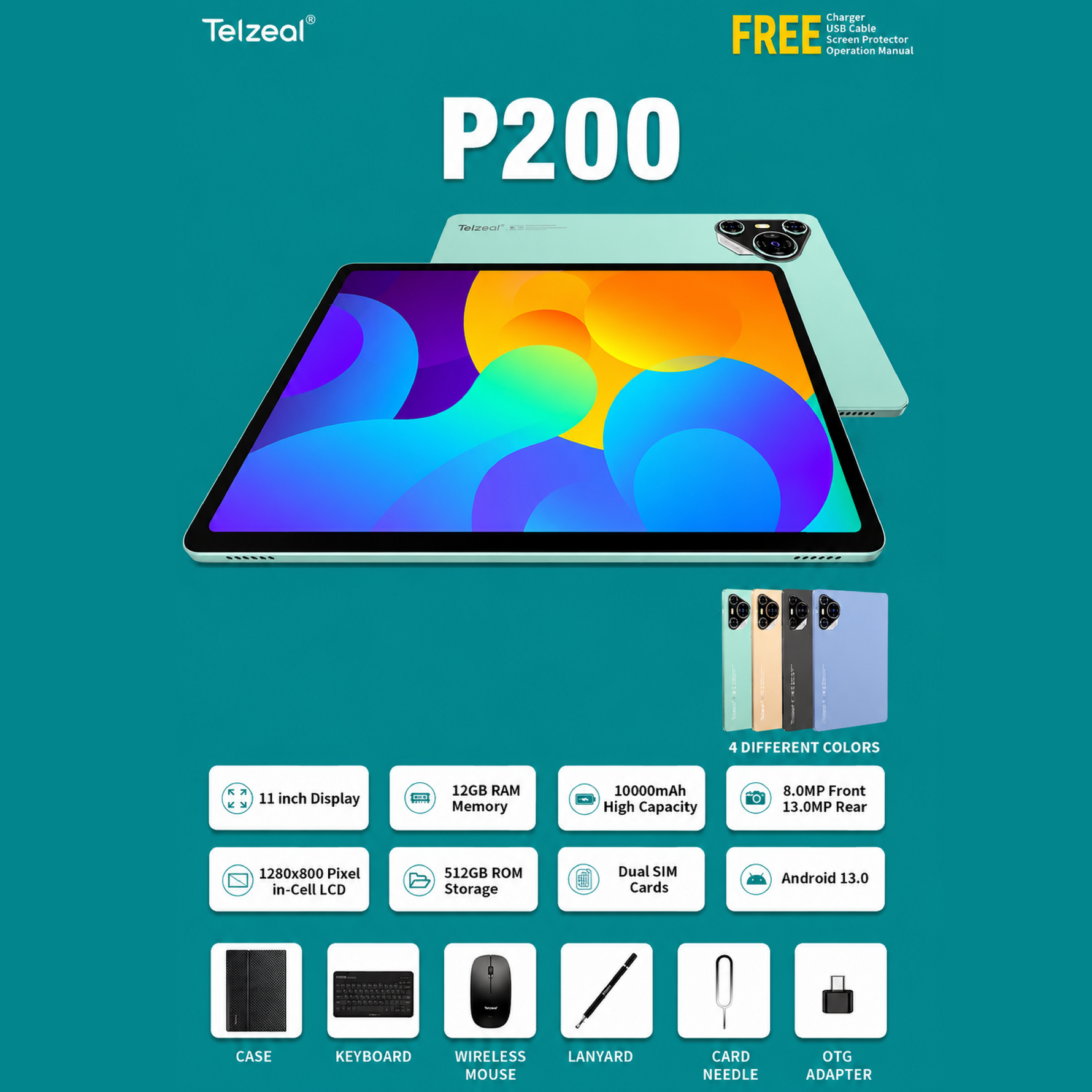 Telzeal P200 Tablet Green | 11-Inch In-Cell Display | 12GB RAM + 128GB ROM | 10,000mAh | Dual SIM | Android 13 | Leather Case, Wireless Keyboard & Mouse
