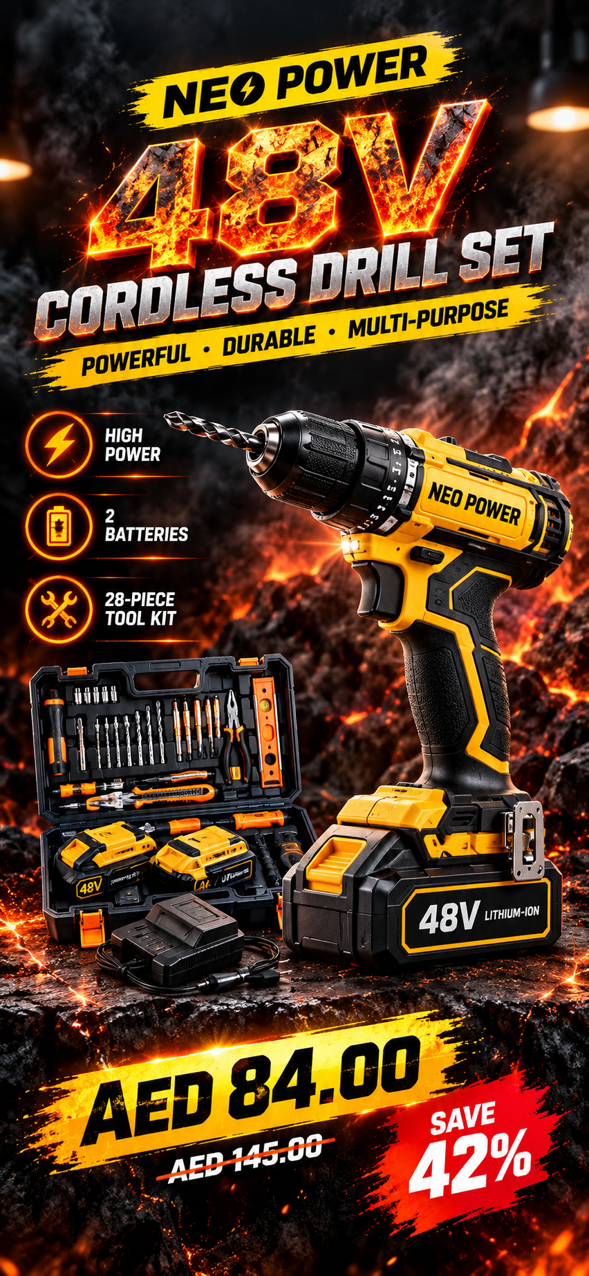 Neo Power 48V Cordless Power Drill Set – 2 Batteries, Charger & 28-Piece Tool Kit | Germany Technology