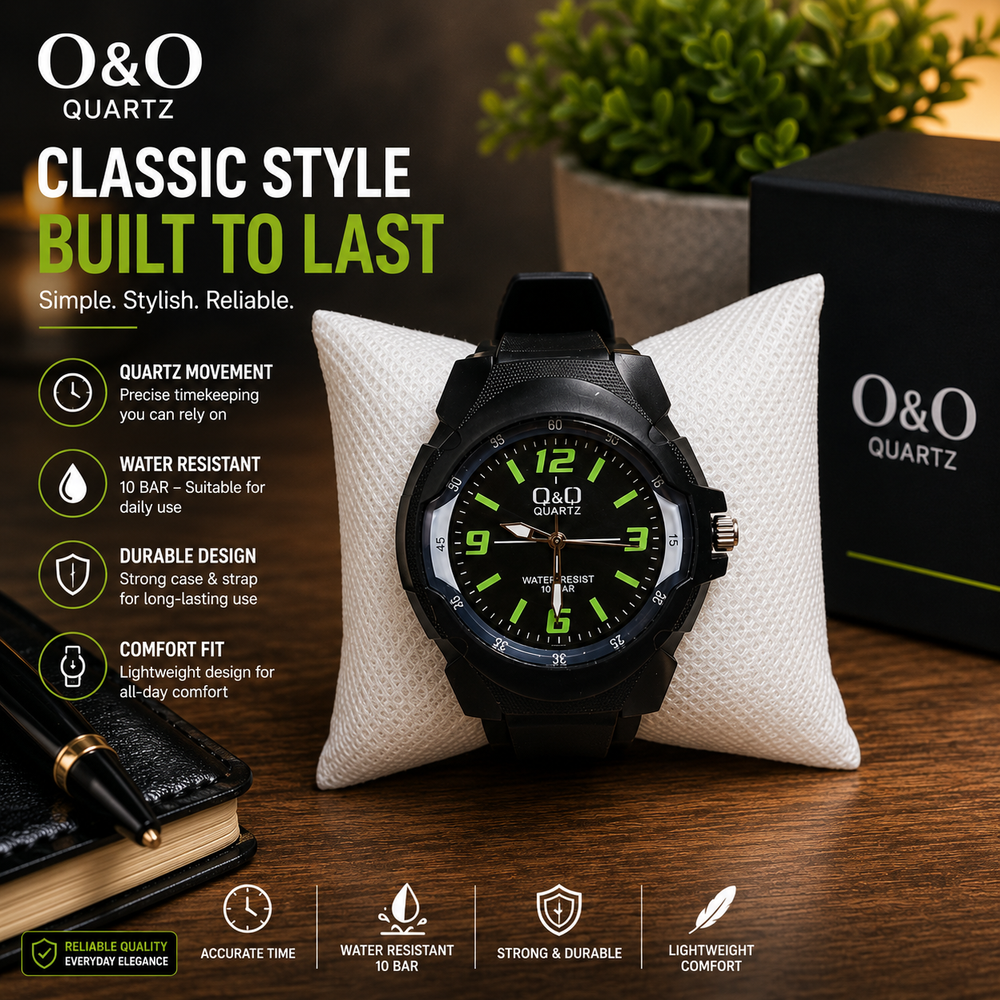 O&O Quartz Men's Analog Sports Watch – Water Resistant, Luminous Dial, Silicone Strap