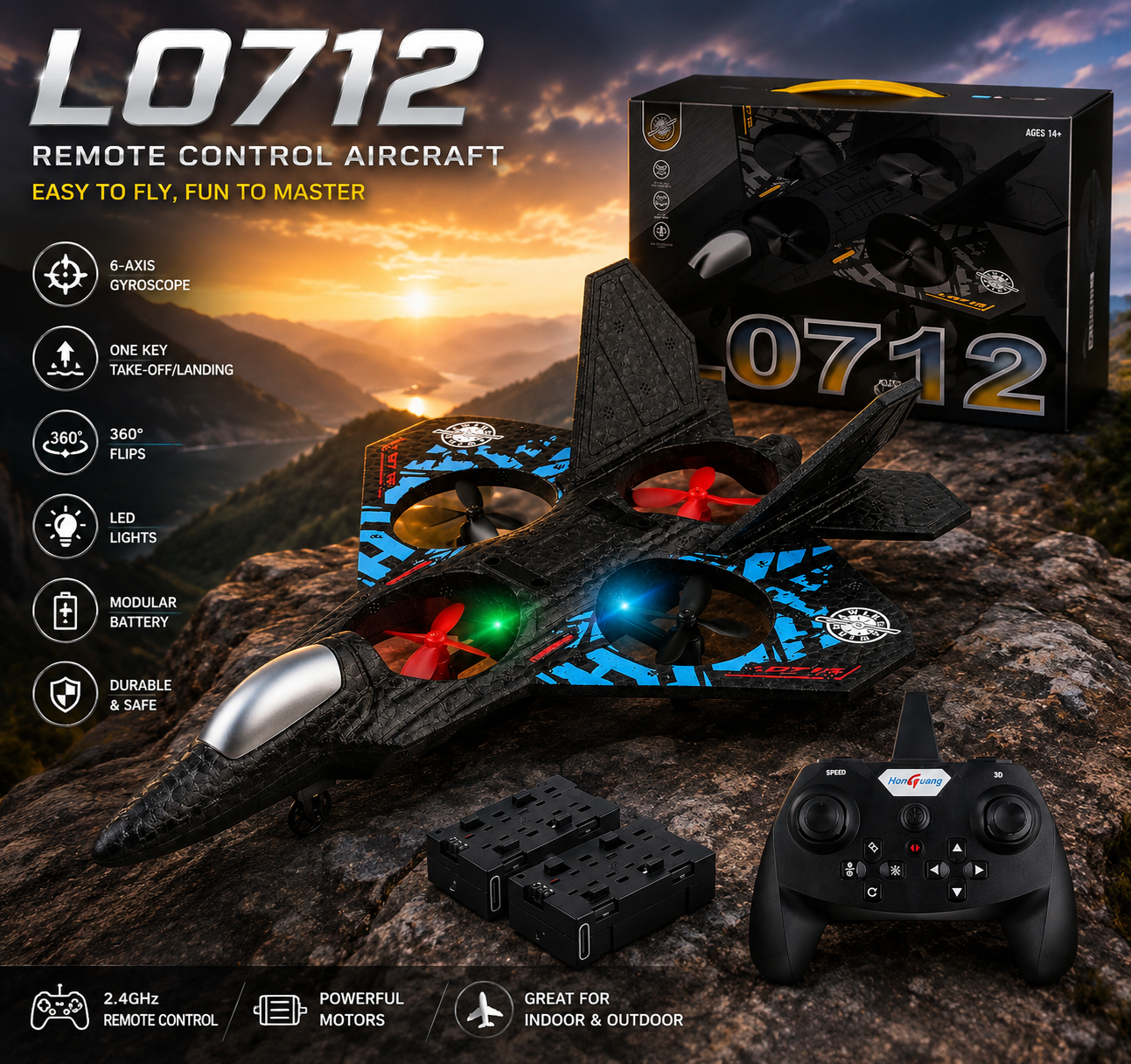 RC Airplane L0712, 2.4GHz Remote Control Aircraft with LED Lights, USB Rechargeable Quadcopter for Beginners, Black