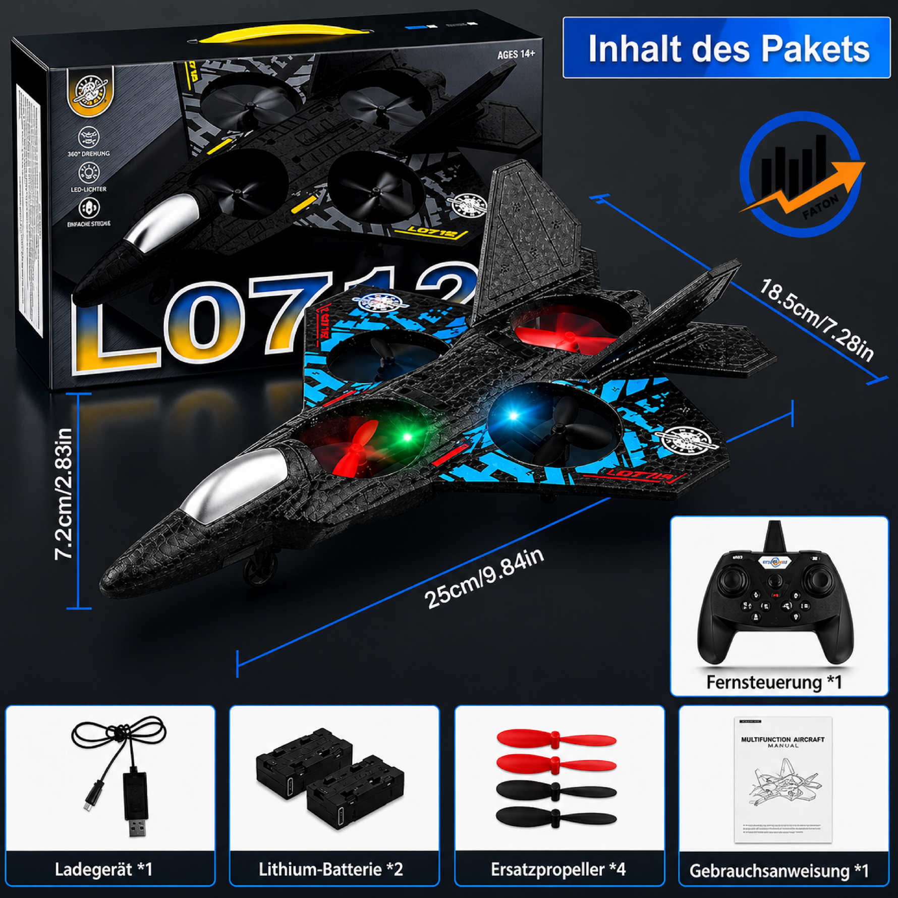 RC Airplane L0712, 2.4GHz Remote Control Aircraft with LED Lights, USB Rechargeable Quadcopter for Beginners, Black