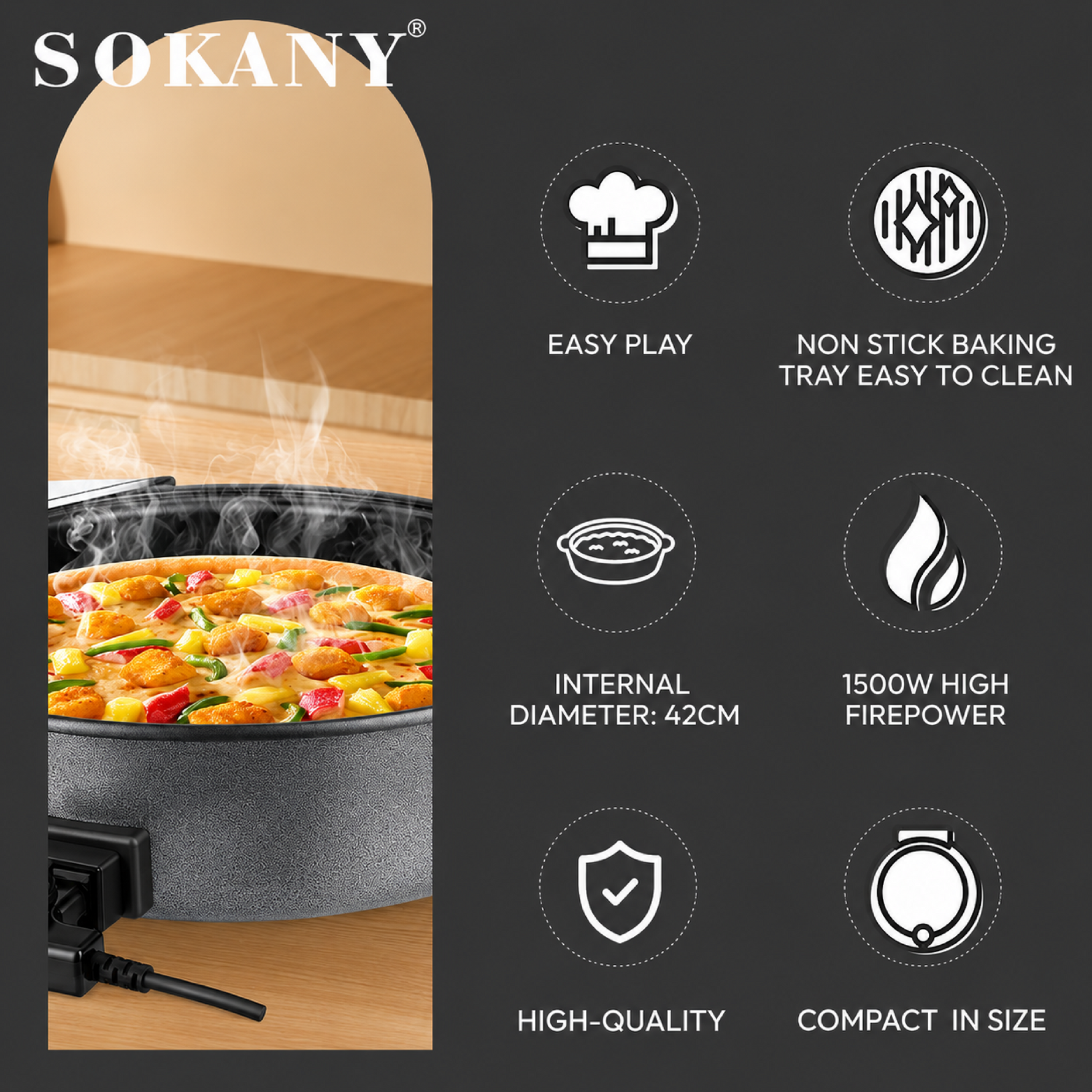 SOKANY Pizza Maker, 1500W Electric Non-Stick 42cm Multi Cooker Pan – SK-07084