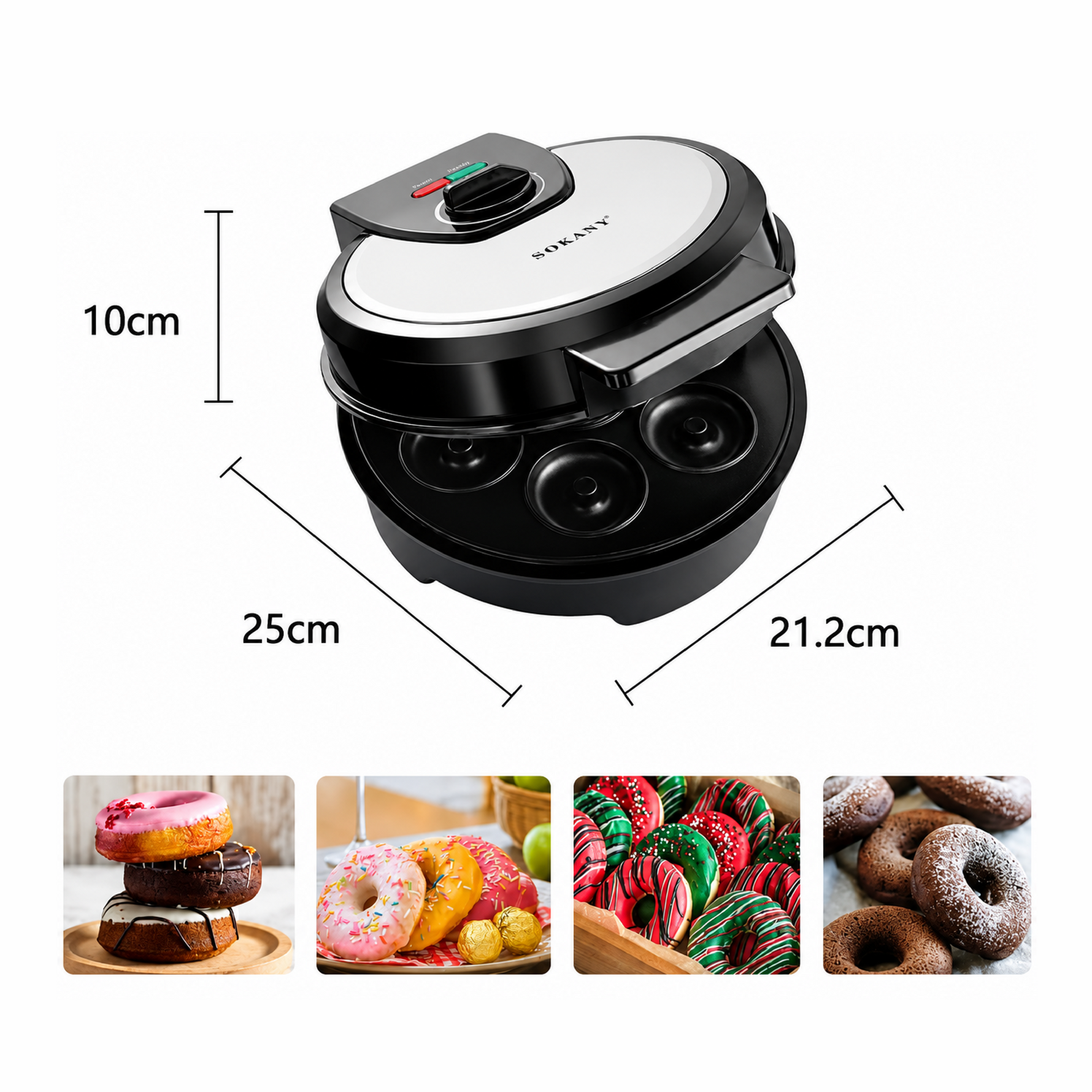 SOKANY SK-327 1200W Donut Maker, Makes 7 Doughnuts, Non-stick Surface, Easy to Clean, Mini Donut Maker Machine for Snacks, Desserts & More