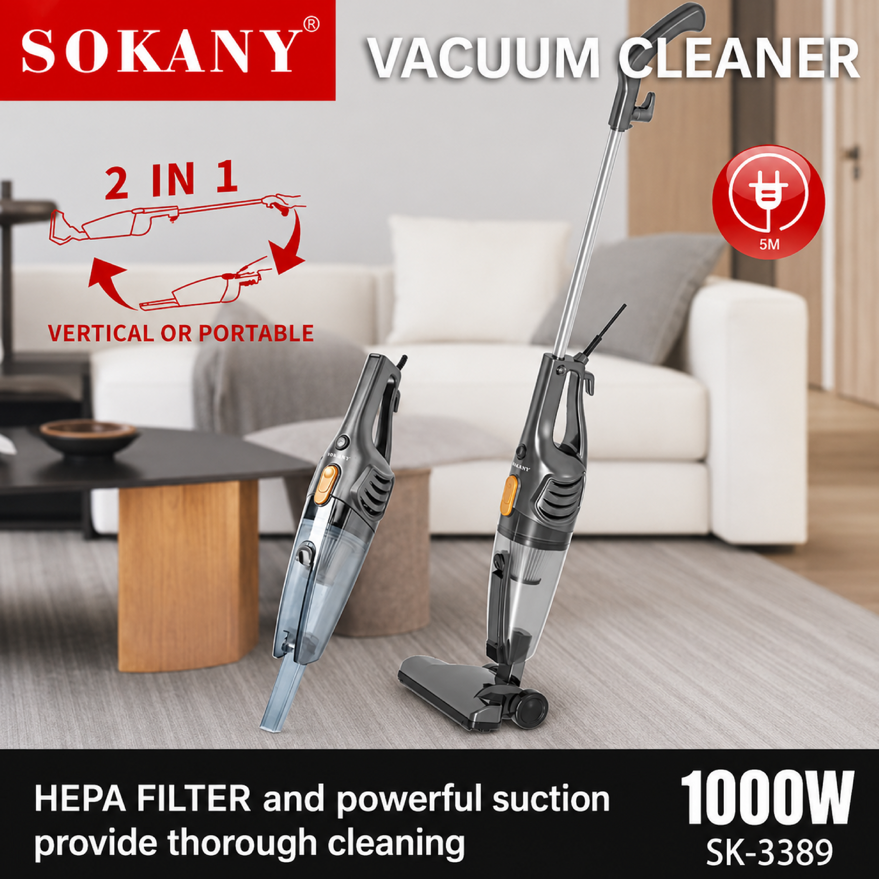 SOKANY SK-3389 3200W High-Power Vacuum Cleaner With 2.5L Dust Bucket And Cyclone Filtration