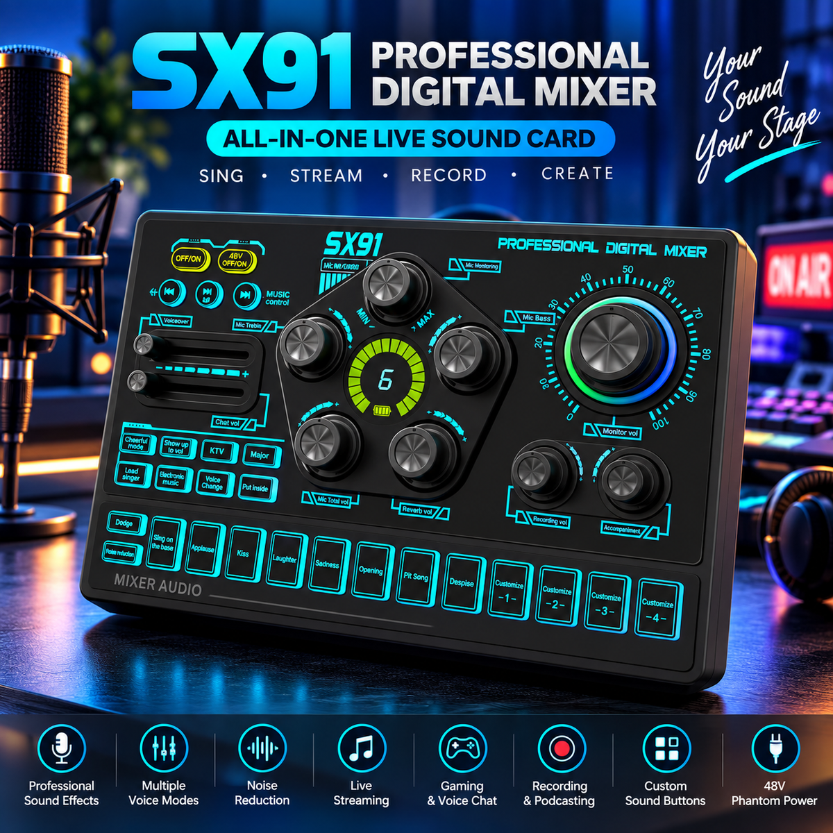 SX91 Professional Digital Mixer Sound Card – Professional Audio Mixing Live Streaming, Karaoke & Recording