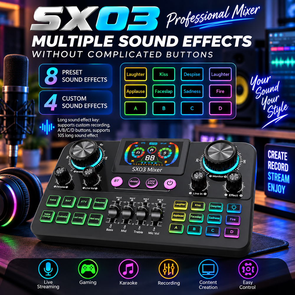 SX03 Professional Bluetooth Live Soundcard |Ultimate Wireless Audio Mixer for Singing, Karaoke, Gaming & Streaming