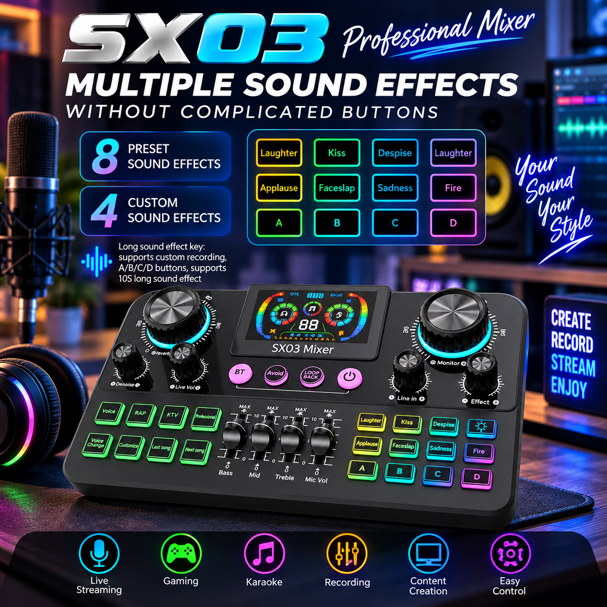SX03 Professional Bluetooth Live Soundcard |Ultimate Wireless Audio Mixer for Singing, Karaoke, Gaming & Streaming