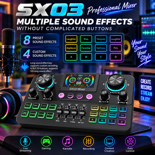 SX03 Professional Bluetooth Live Soundcard |Ultimate Wireless Audio Mixer for Singing, Karaoke, Gaming & Streaming