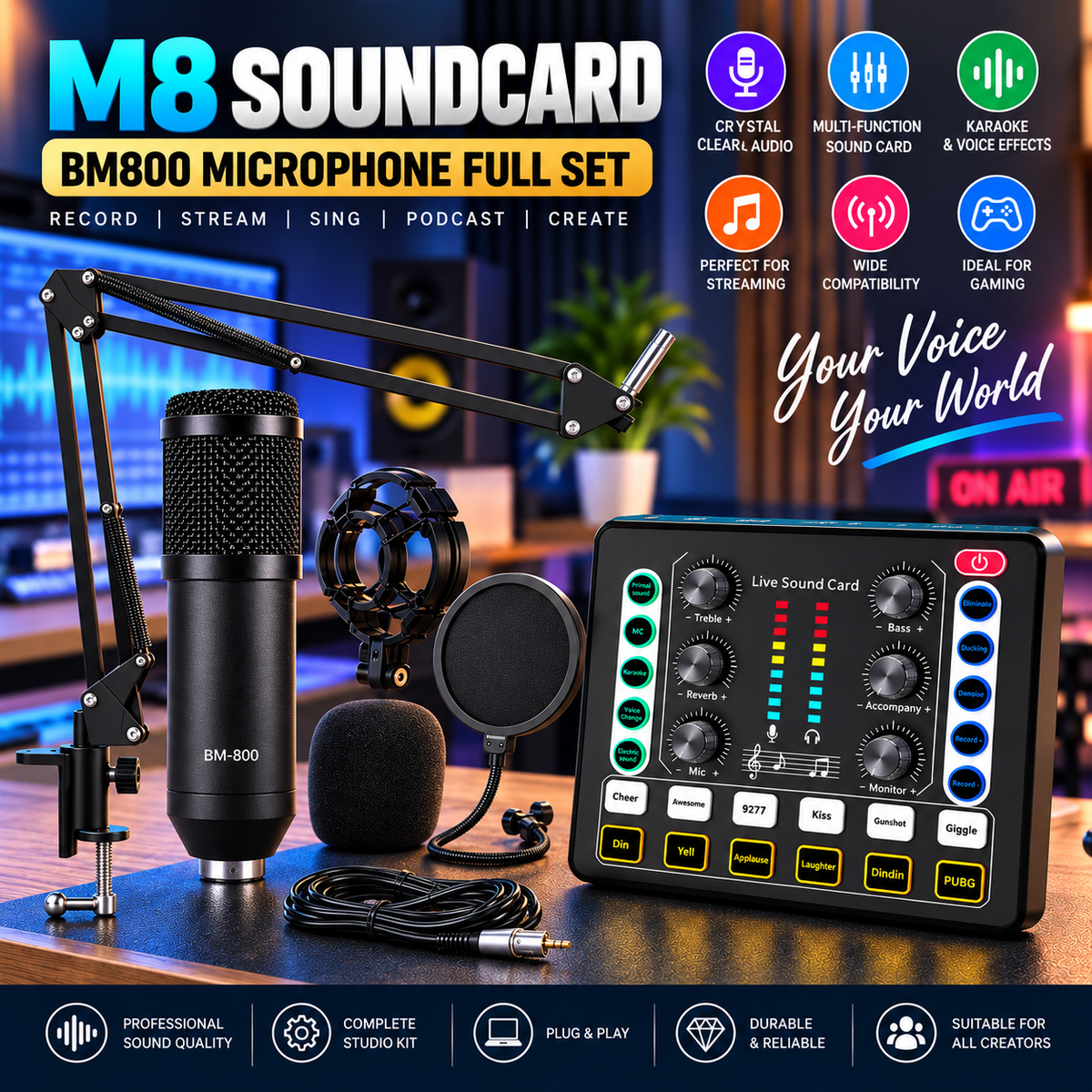 M8 Soundcard with BM800 Microphone Full Set – Professional Studio Equipment with Mic Arm,Bluetooth for Podcast,Streaming,Singing,PC