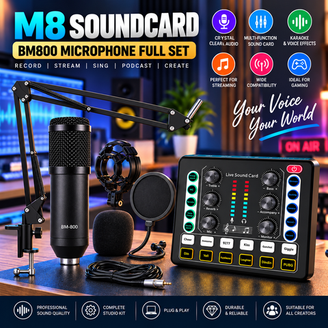 M8 Soundcard with BM800 Microphone Full Set – Professional Studio Equipment with Mic Arm,Bluetooth for Podcast,Streaming,Singing,PC