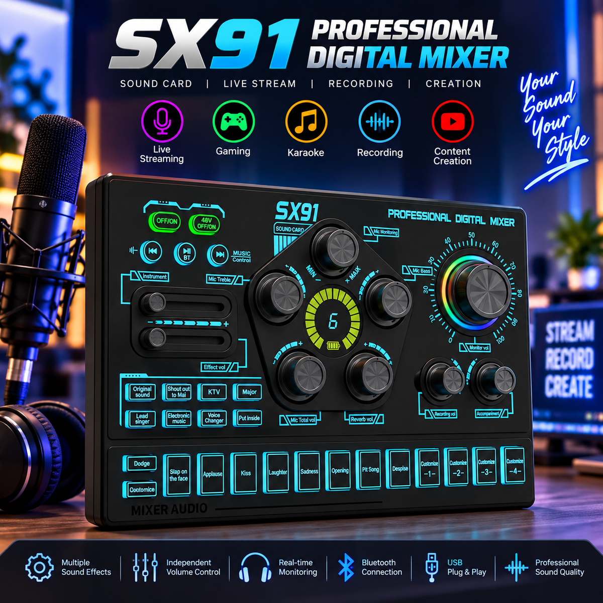 SX91 Professional Digital Mixer Sound Card – Professional Audio Mixing Live Streaming, Karaoke & Recording