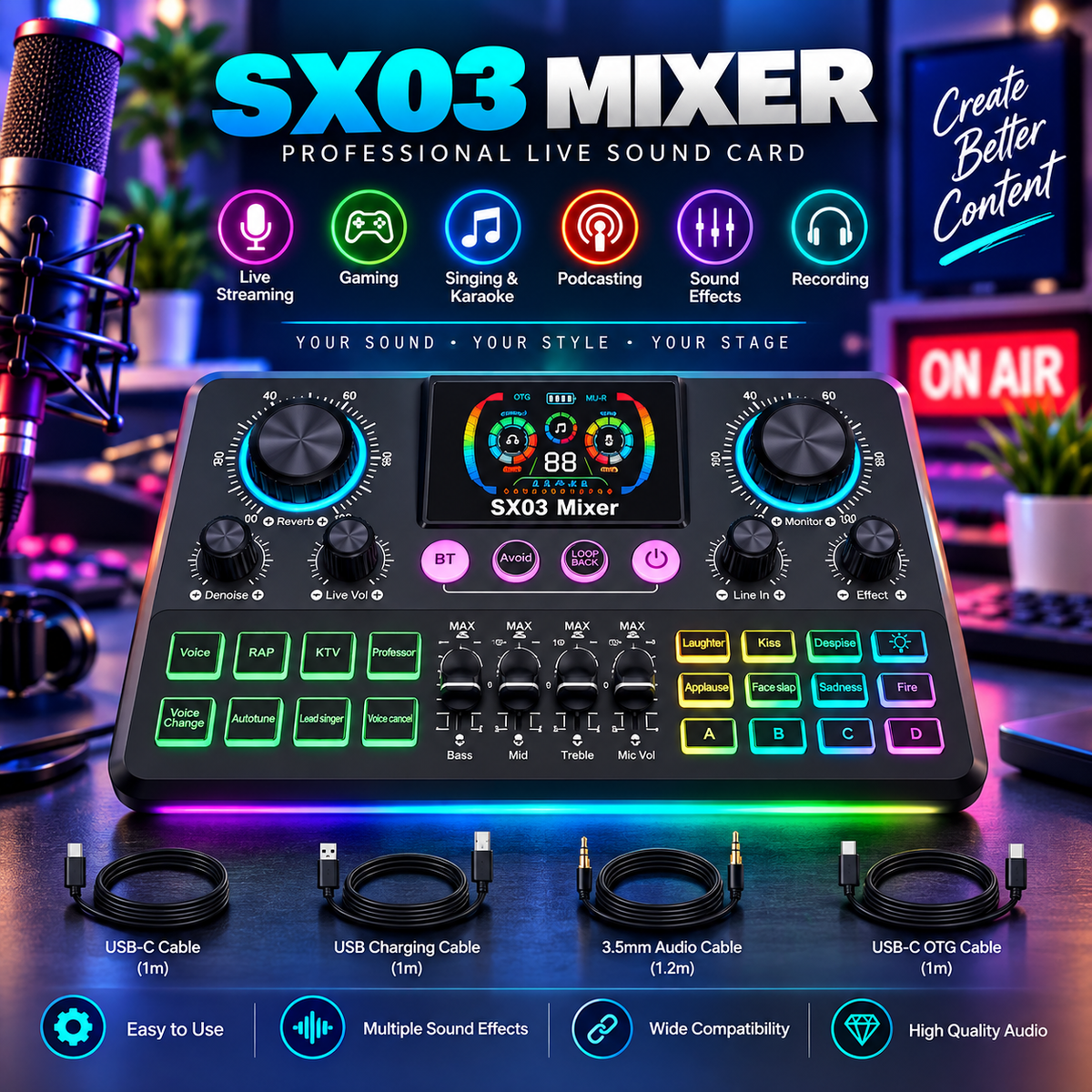 SX03 Professional Bluetooth Live Soundcard |Ultimate Wireless Audio Mixer for Singing, Karaoke, Gaming & Streaming