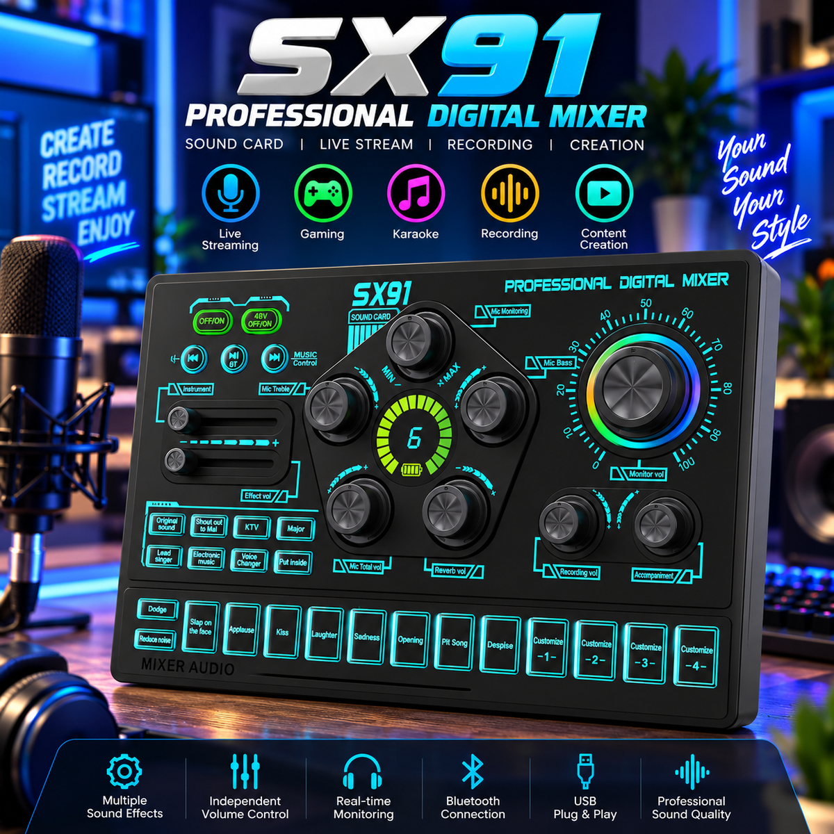 SX91 Professional Digital Mixer Sound Card – Professional Audio Mixing Live Streaming, Karaoke & Recording