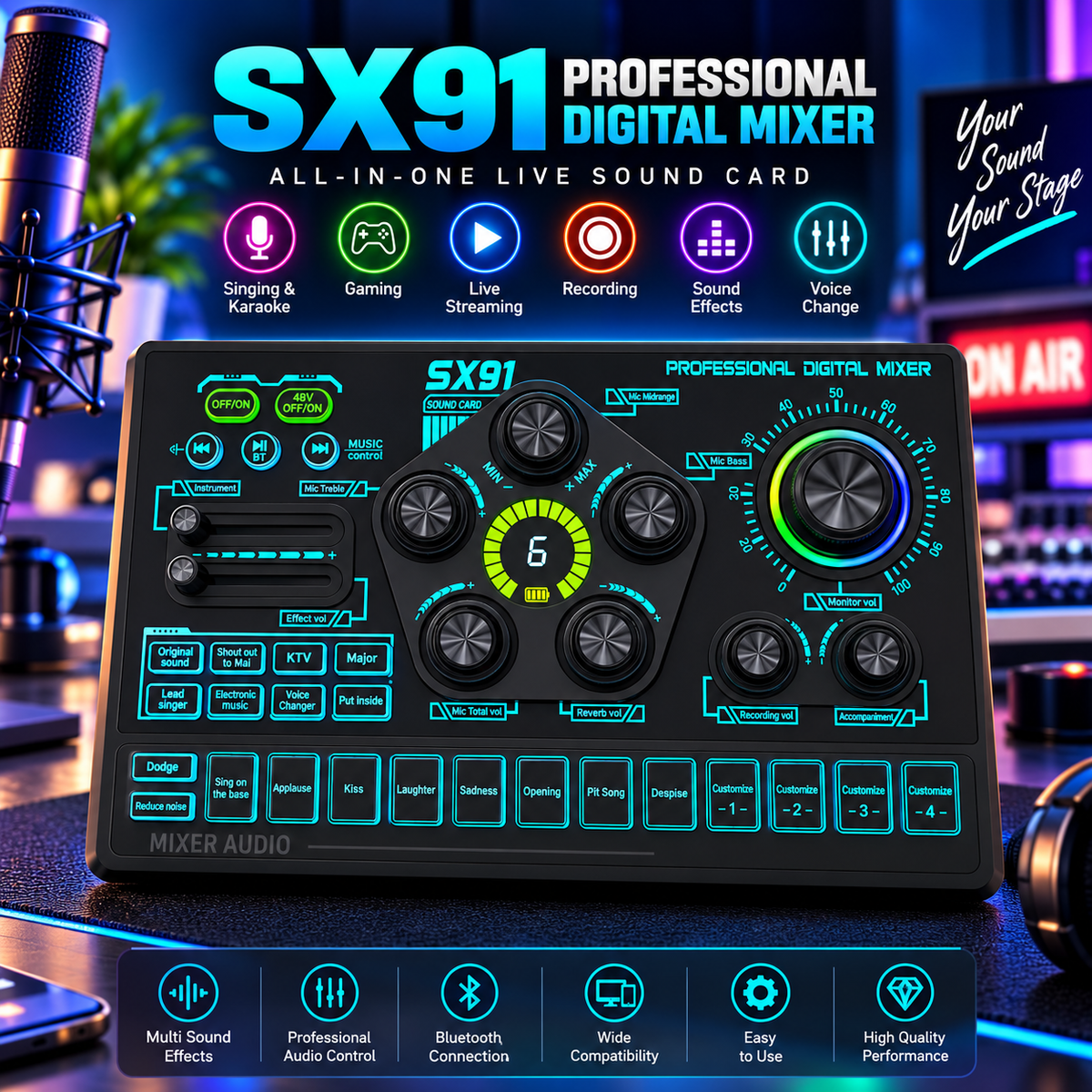 SX91 Professional Digital Mixer Sound Card – Professional Audio Mixing Live Streaming, Karaoke & Recording