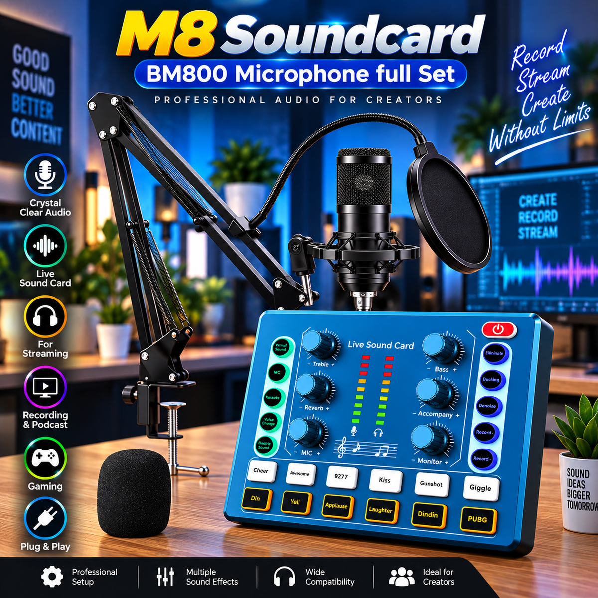 M8 Soundcard with BM800 Microphone Full Set – Professional Studio Equipment with Mic Arm,Bluetooth for Podcast,Streaming,Singing,PC