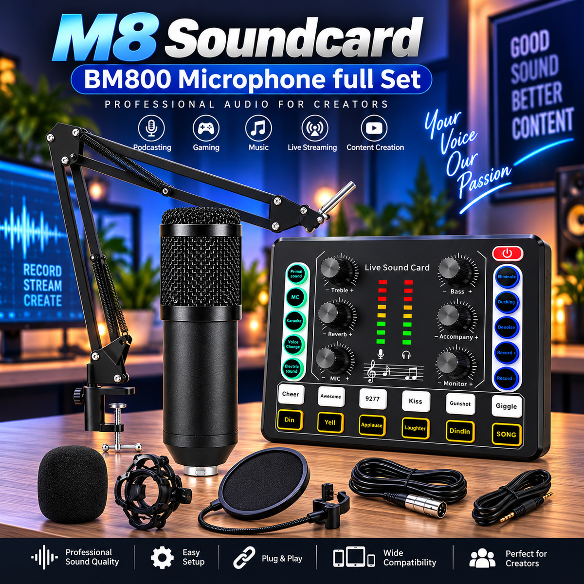 M8 Soundcard with BM800 Microphone Full Set – Professional Studio Equipment with Mic Arm,Bluetooth for Podcast,Streaming,Singing,PC