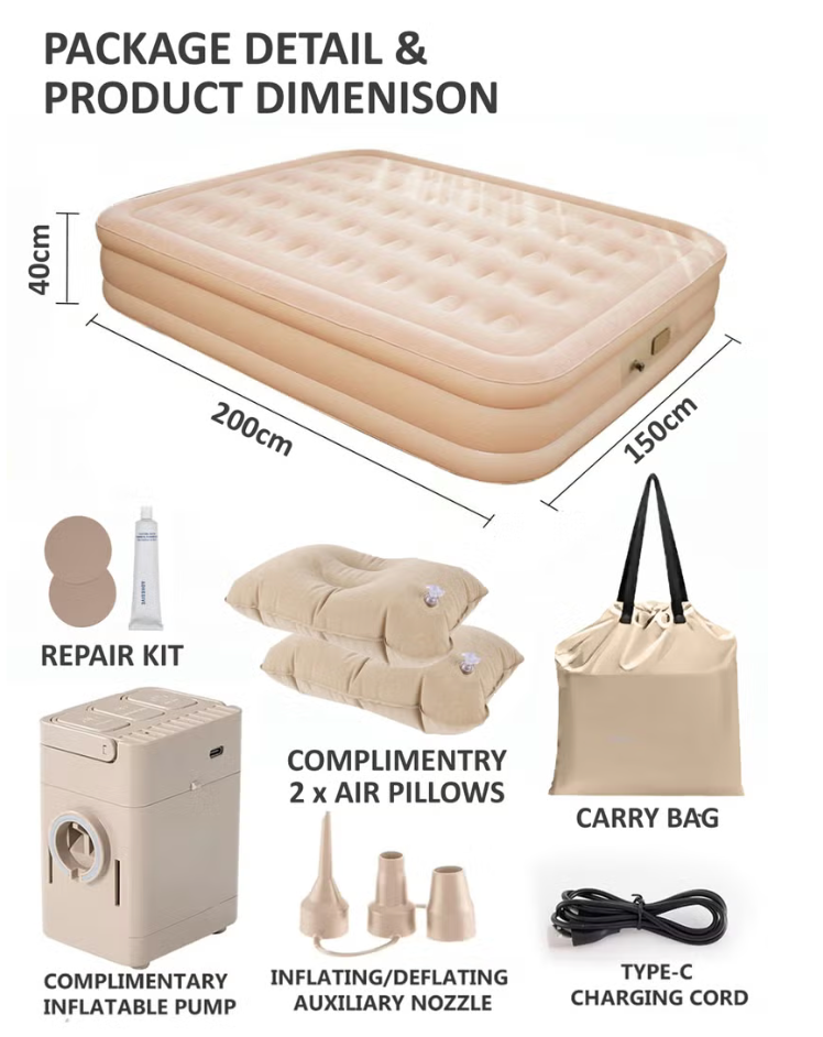 Double Size Inflatable Air Mattress With 2 Air Pillows Durable Camping Bed with Built in Rechargeable Air Pump Self Inflation One Button Inflate and Deflate for Home, Outdoor 200x40x150cm