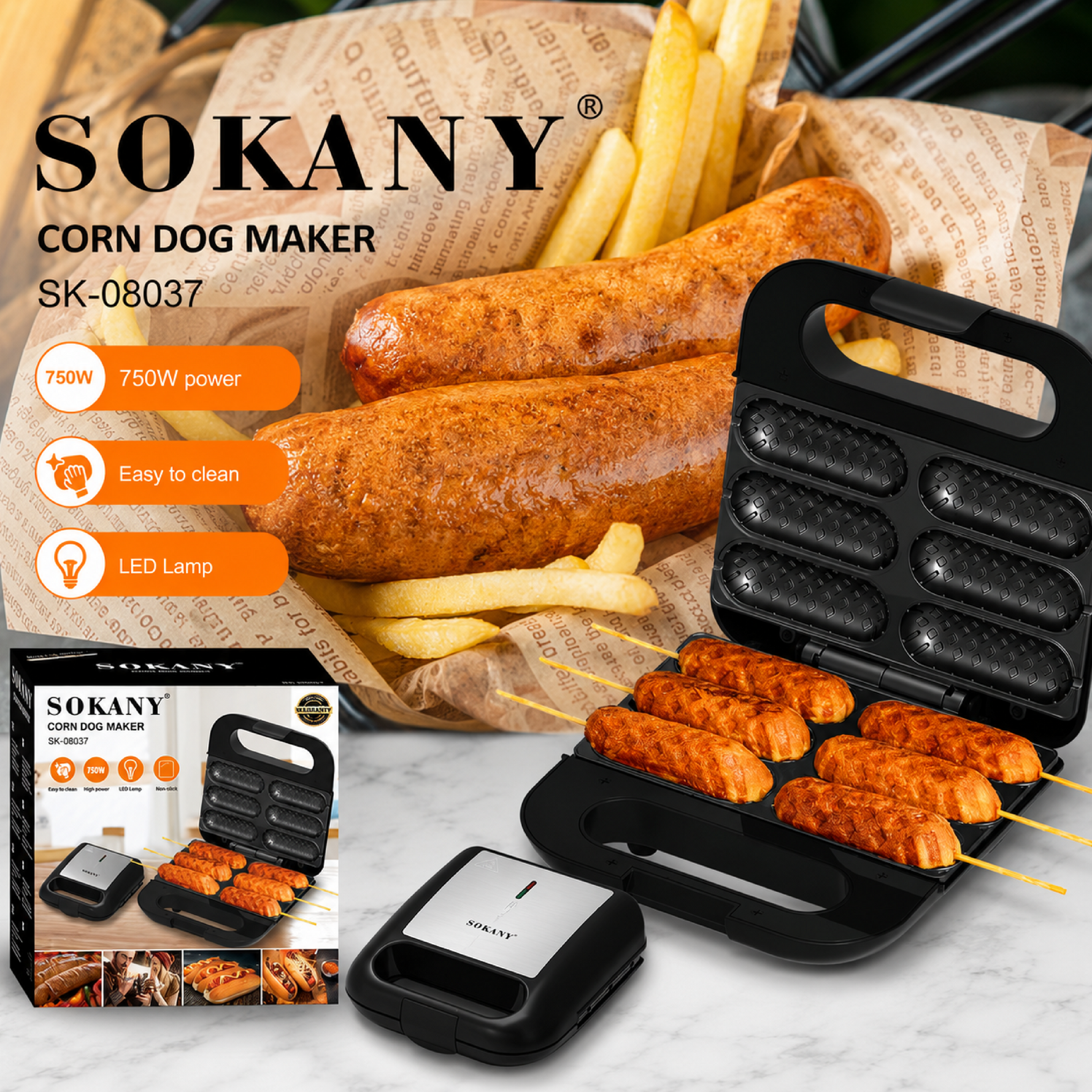 Sokany Corn Dog Waffle Maker Sandwich Hot Machine With Non-Stick Coating Plate Toaster Make 6 Dogs In Minutes Easy To Clean, Black