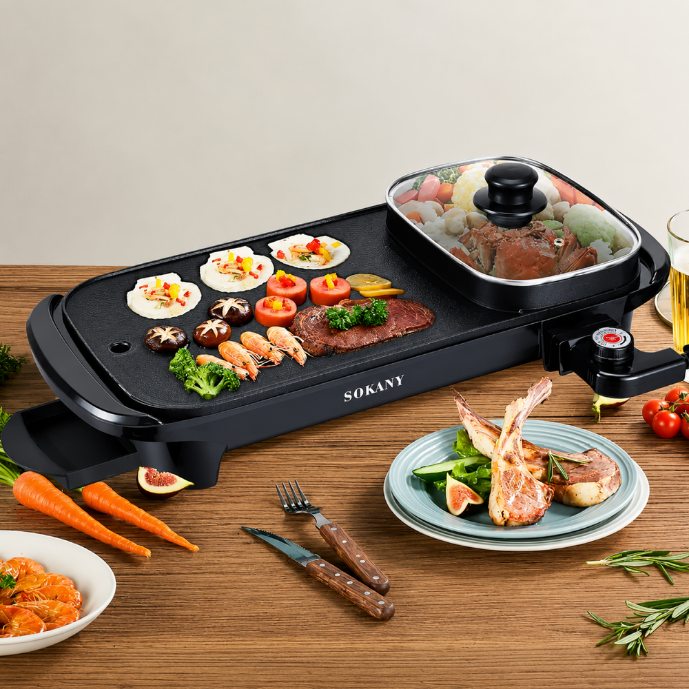 Sokany Electric Barbecue Grill 2200W 2 In 1 Indoor Non-Stick Electric Hot Pot And Griddle For Korean Bbq, Steaks SK-2208 Black