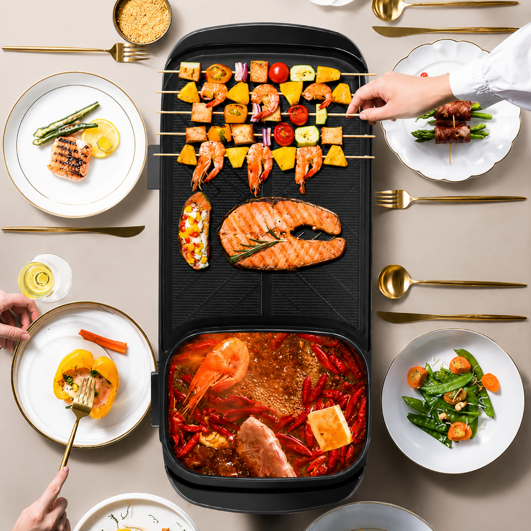 Sokany Electric Barbecue Grill 2200W 2 In 1 Indoor Non-Stick Electric Hot Pot And Griddle For Korean Bbq, Steaks SK-2208 Black