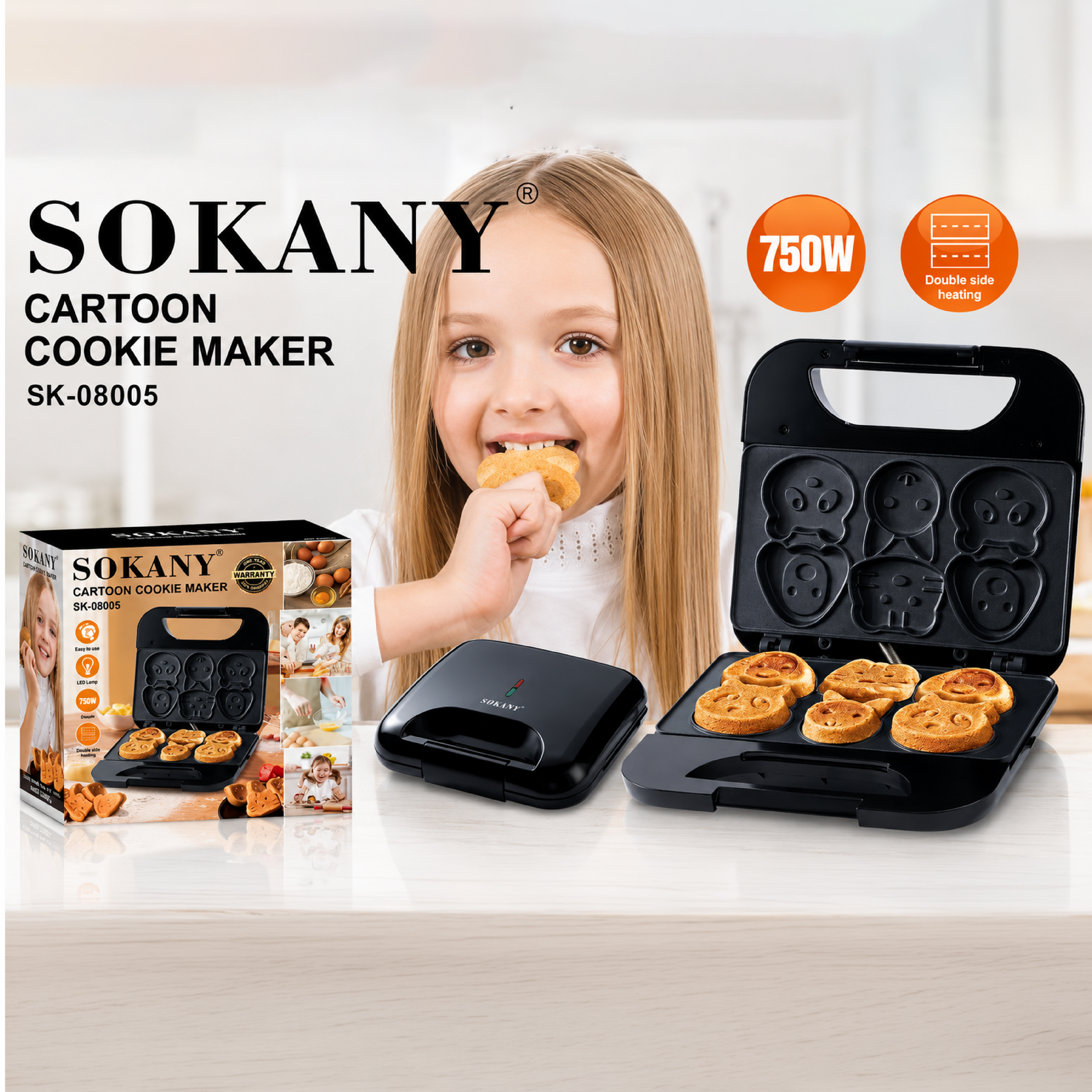 Sokany Electric Waffle Maker,Cartoon Cake Maker,750W Non-Stick Plates,Double-Sided Heating Makes 6 Cartoon Shaped Waffles Pancakes for Kids,SK-08005