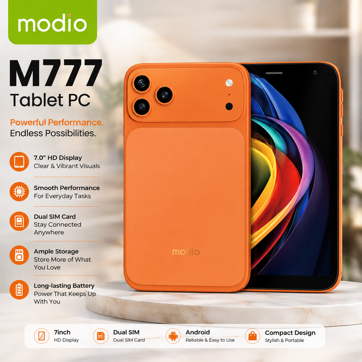 Modio M777 |  7-Inch Tablet Pc – Android 15, Dual SIM, 4000mAh Battery 6GB+12GB