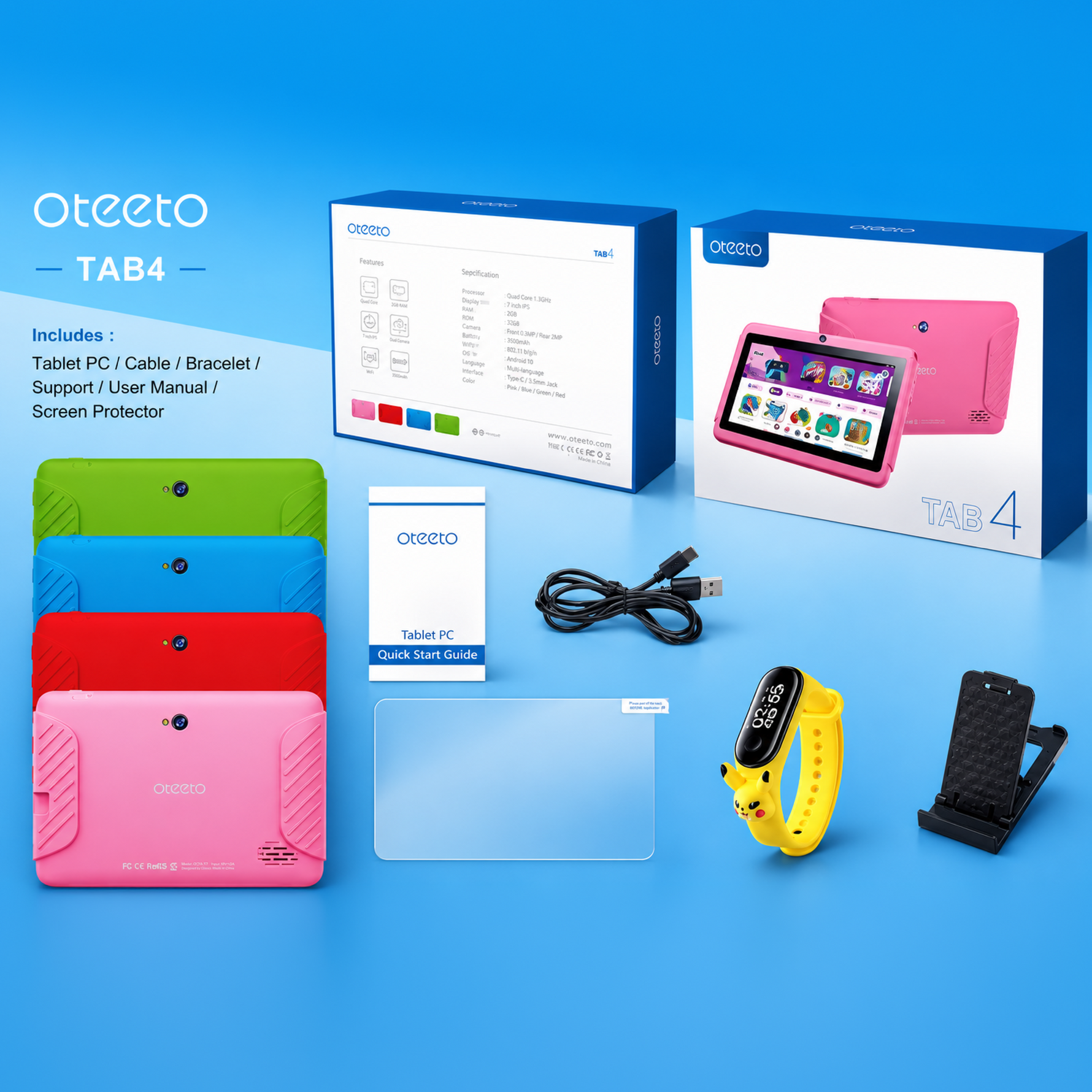 Oteeto Tab 4 Kids, 4GB RAM, 128GB ROM, 7-Inch IPS Display, 3000 mAh Battery, Toughened Glass, Android Kids 5G Wi-Fi Tablet - Blue