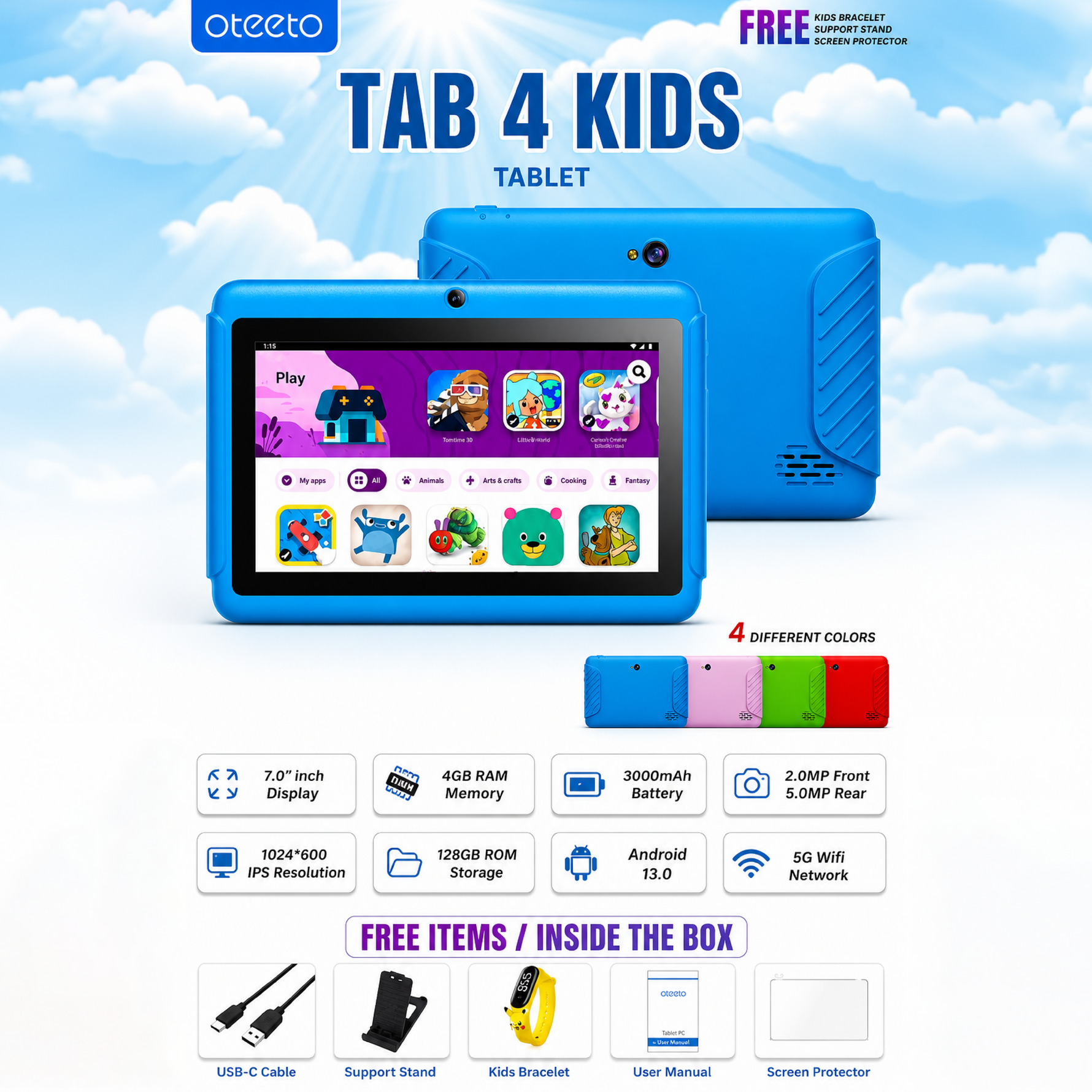 Oteeto Tab 4 Kids, 4GB RAM, 128GB ROM, 7-Inch IPS Display, 3000 mAh Battery, Toughened Glass, Android Kids 5G Wi-Fi Tablet - Blue