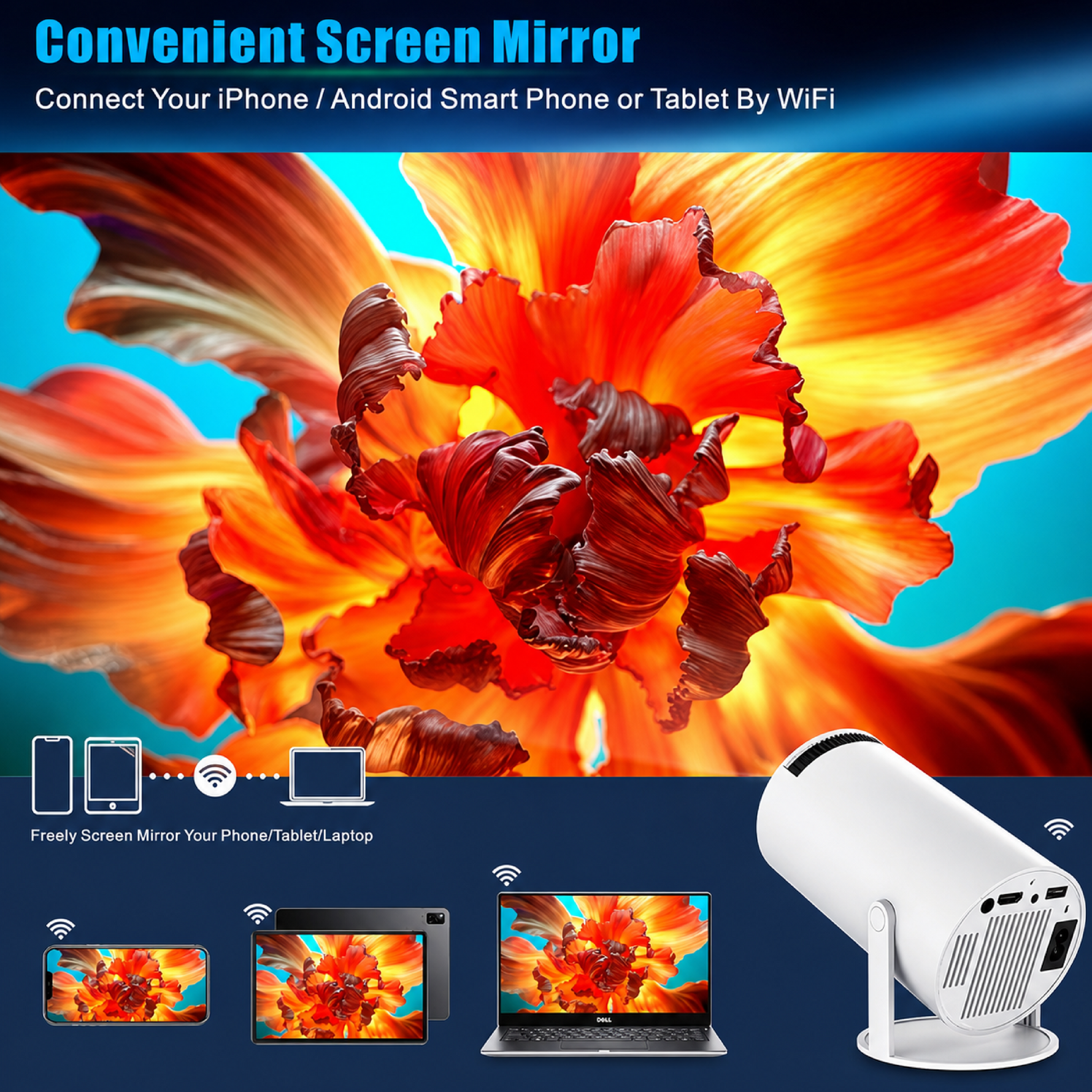 Tanmashi HY300 Pro 4K Smart Projector, WiFi 6 & Bluetooth 5, Portable with Android 11, Auto Keystone Correction, 130 Inch Display, White