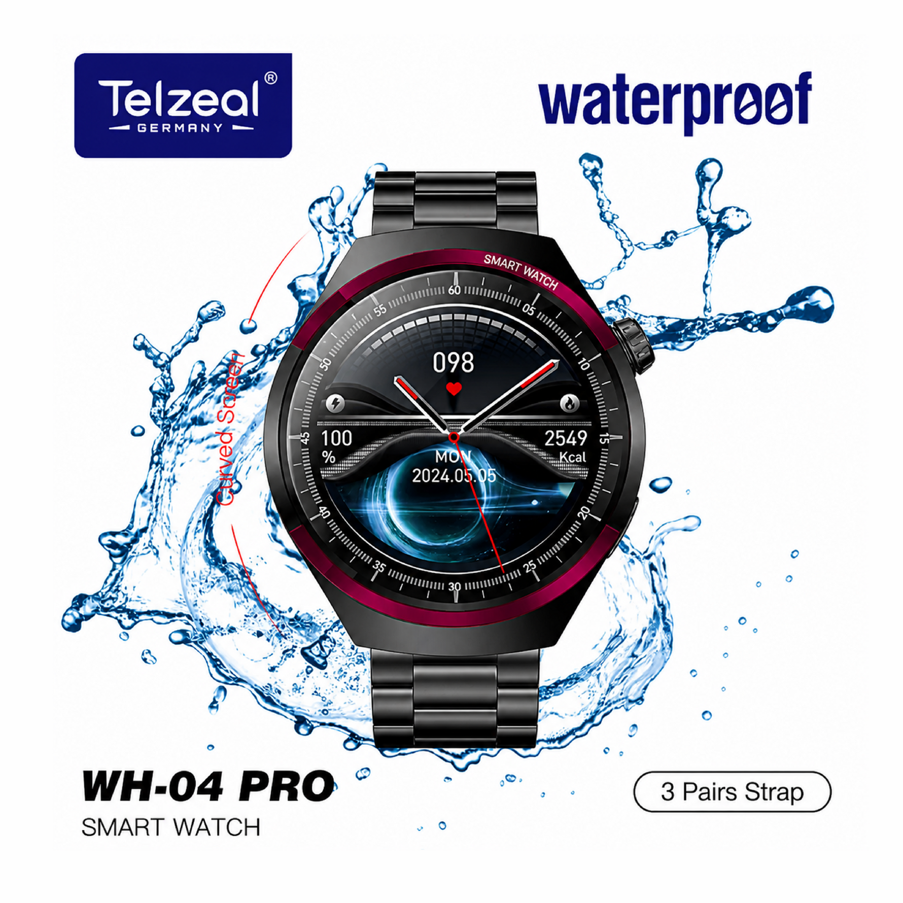 Telzeal WH 04 Pro Max Screen Waterproof Smartwatch With Curved Display 3 Pair Straps and Charging Cable Designed for Mens and Boys - Black