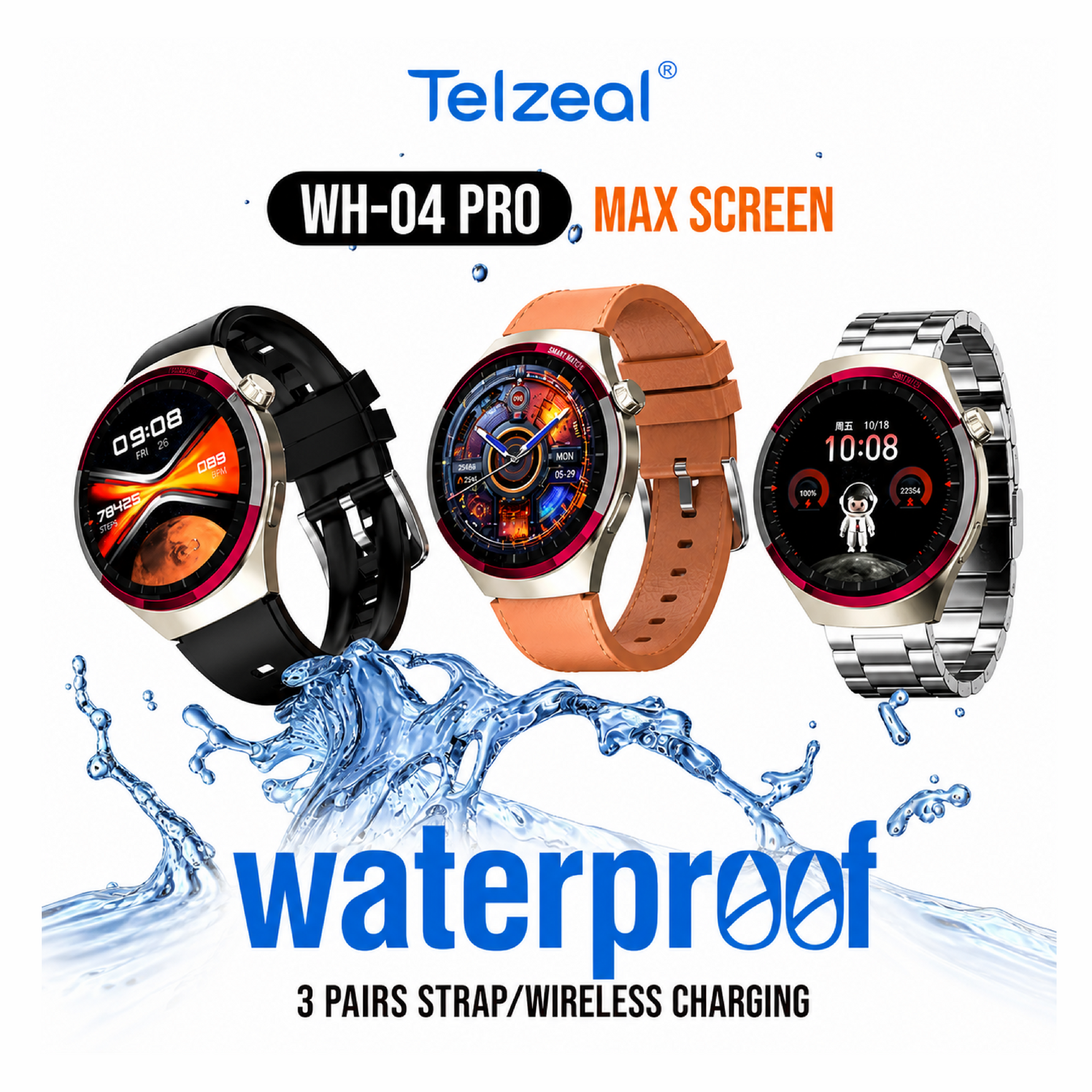 Telzeal WH 04 Pro Max Screen Waterproof Smartwatch With Curved Display 3 Pair Straps and Charging Cable Designed for Mens and Boys - Black