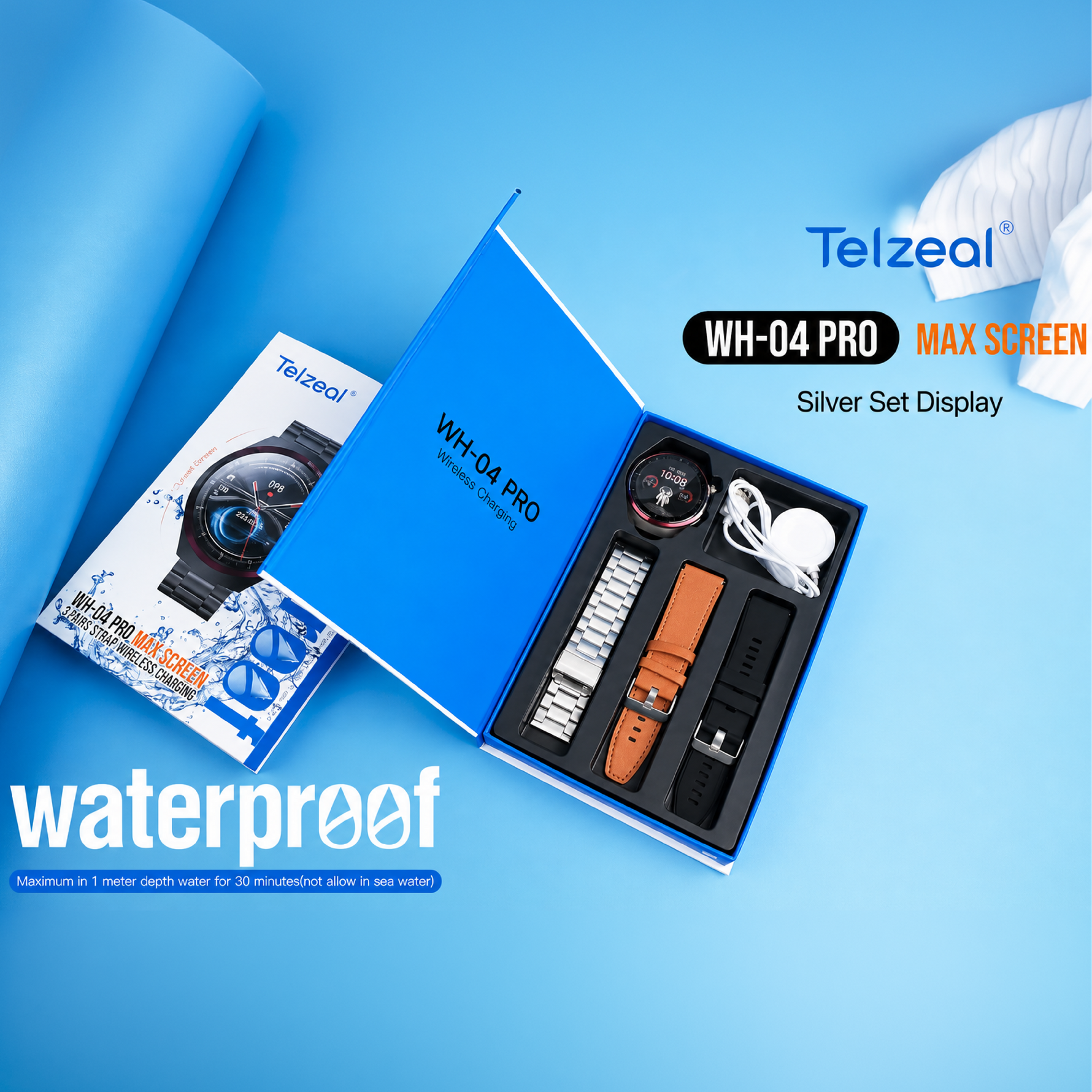 Telzeal WH 04 Pro Max Screen Waterproof Smartwatch With Curved Display 3 Pair Straps and Charging Cable Designed for Mens and Boys - Black