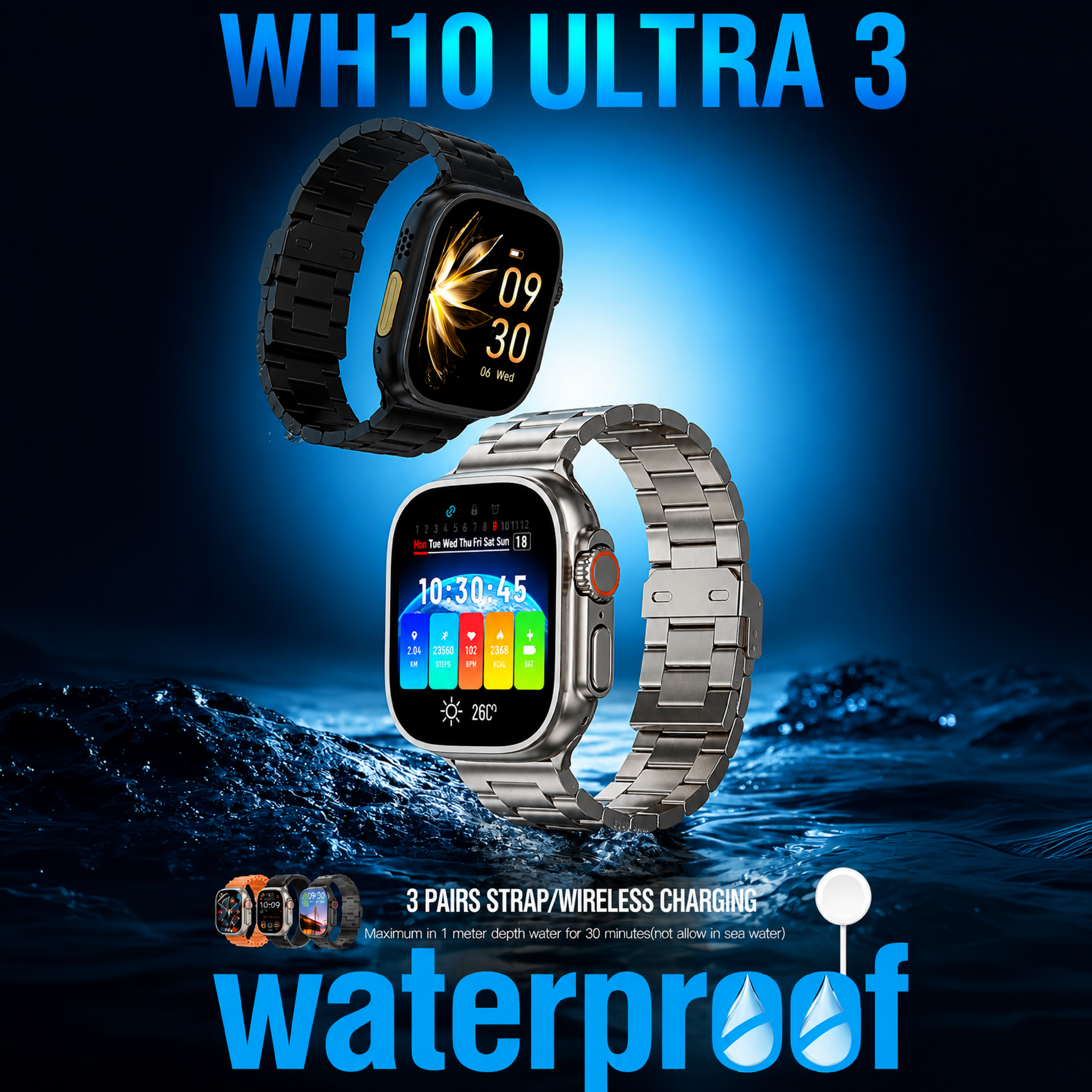Telzeal WH10 Ultra 3 (3Pair strap/Wireless Charging) Smartwatch cutting-edge technology with sleek design & Ultimate Fitness & Style Companion- Brown