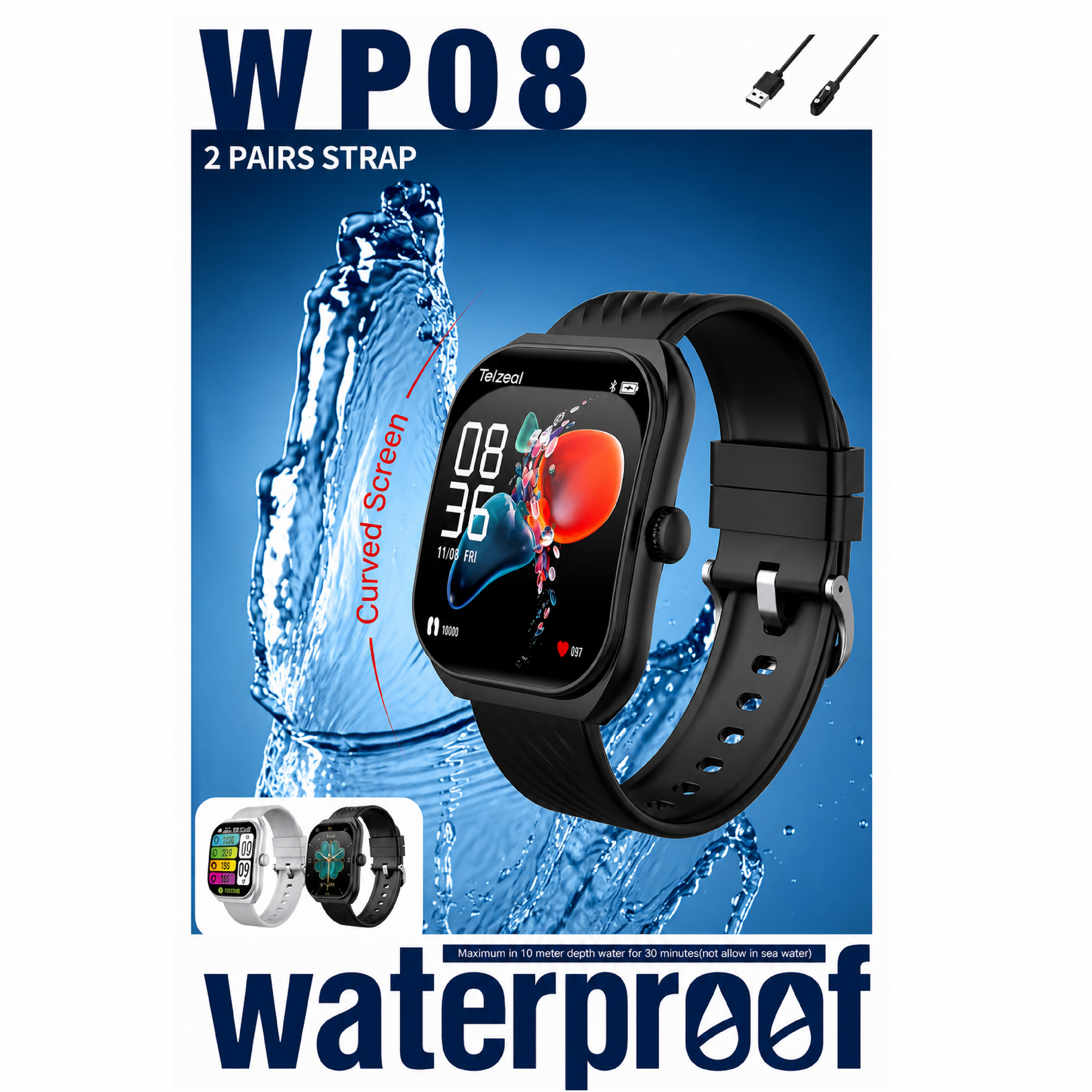 Telzeal WP08 Waterproof Smartwatch with Curved Full-Touch Display, Dual Strap Set (2 Pairs), Stylish & Comfortable Design – Black