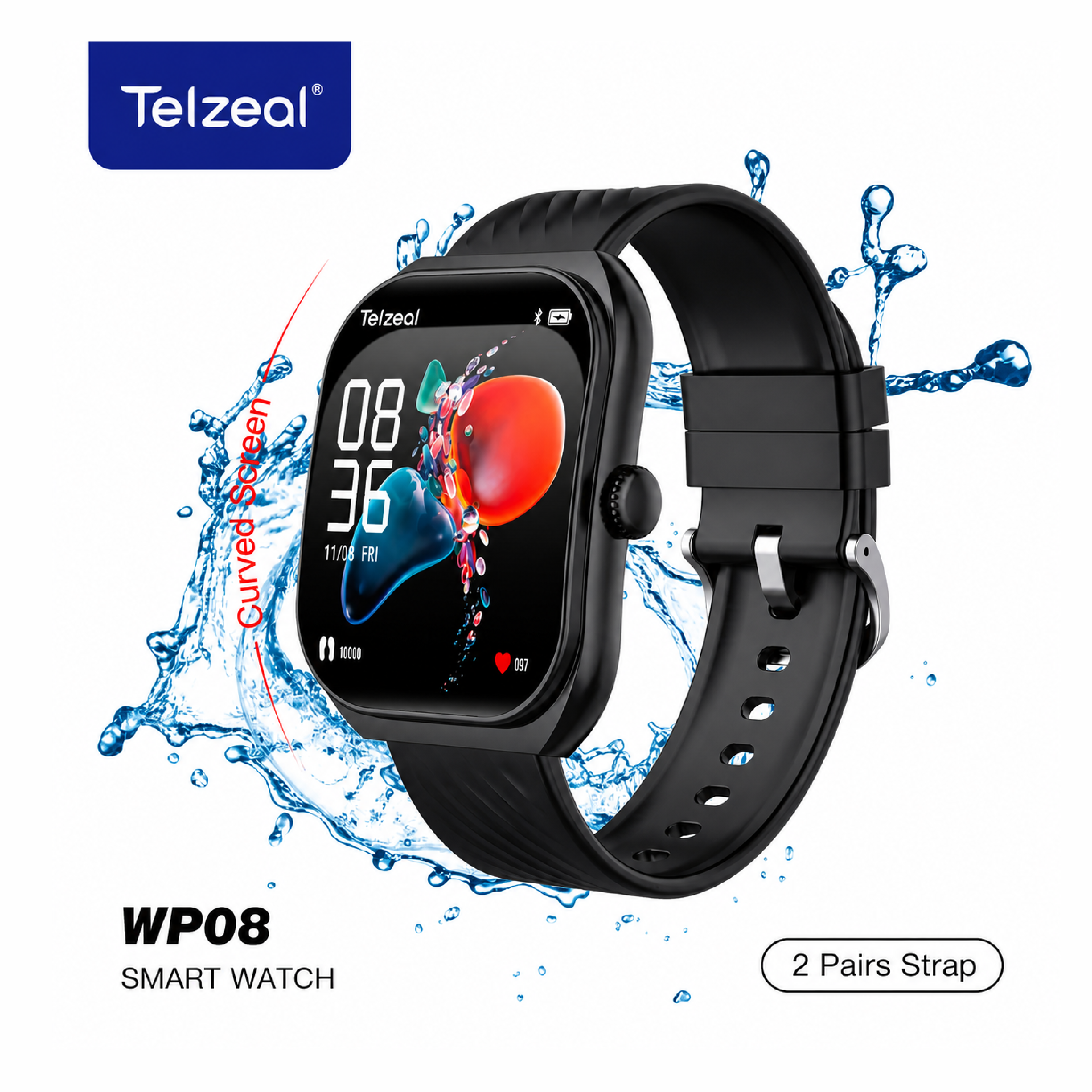 Telzeal WP08 Waterproof Smartwatch with Curved Full-Touch Display, Dual Strap Set (2 Pairs), Stylish & Comfortable Design – Black