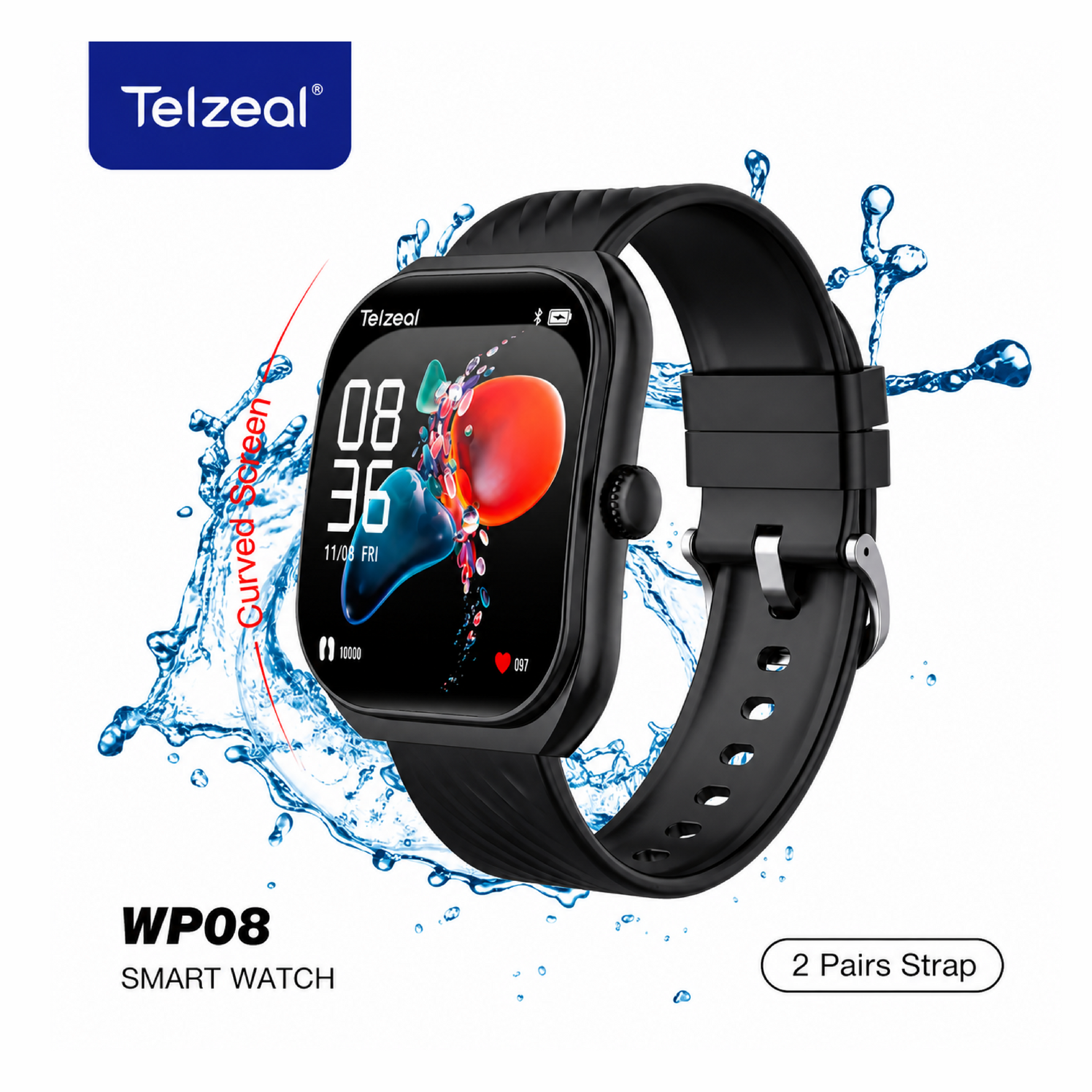 Telzeal WP08 Waterproof Smartwatch with Curved Full-Touch Display, Dual Strap Set (2 Pairs), Stylish & Comfortable Design – Black