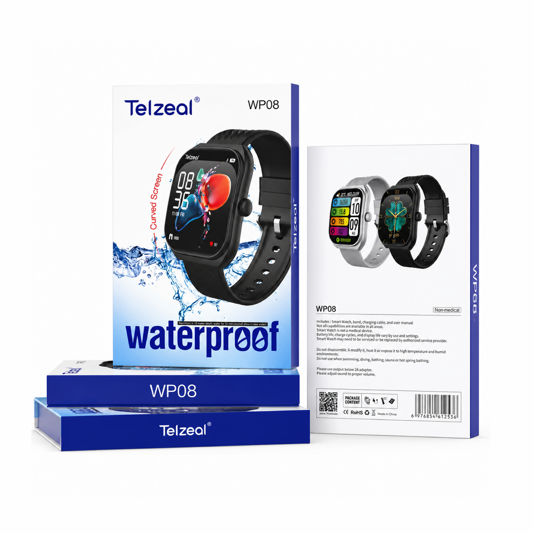 Telzeal WP08 Waterproof Smartwatch with Curved Full-Touch Display, Dual Strap Set (2 Pairs), Stylish & Comfortable Design – Black