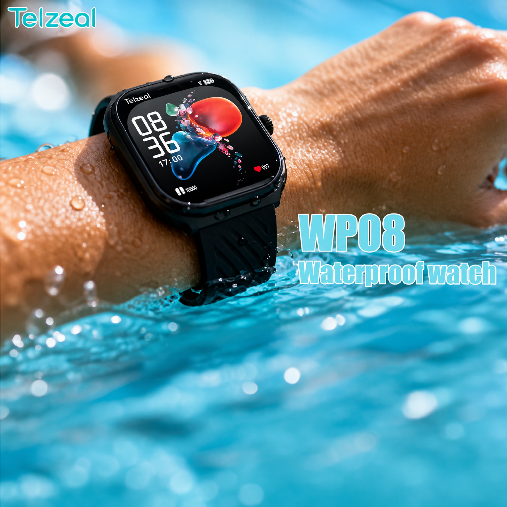 Telzeal WP08 Waterproof Smartwatch with Curved Full-Touch Display, Dual Strap Set (2 Pairs), Stylish & Comfortable Design – Black