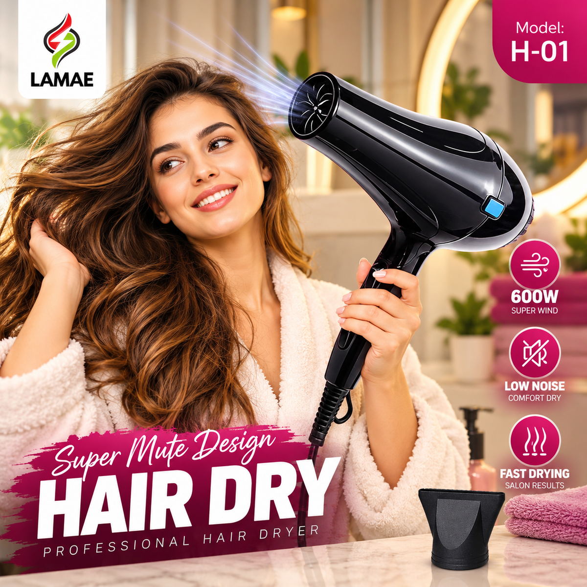 LAMAE  600W Professional Hair Dryer – Fast Drying, 2 Speed Super Mute Design | Model:H-01