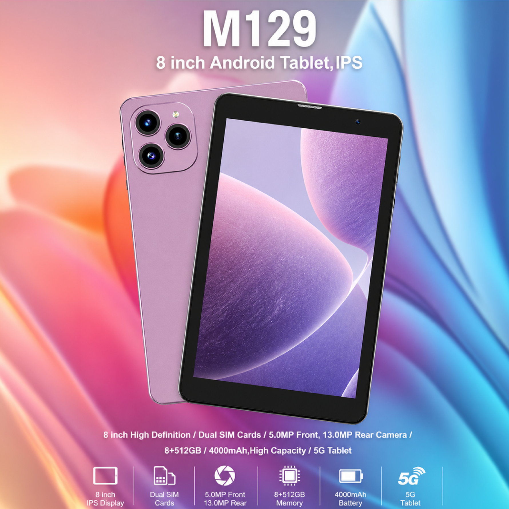 M129 tablet 8-inch screen 8GB RAM 512GB storage space supports 5G Wi-Fi connection latest version (black)