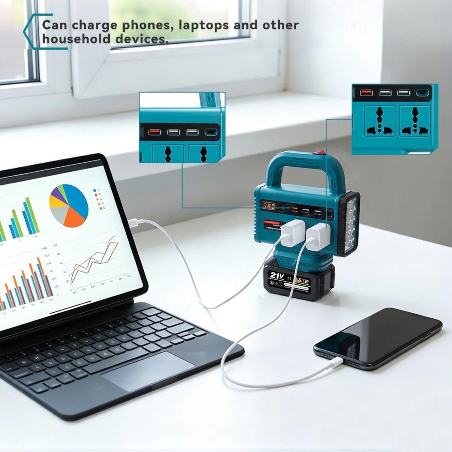 21V Portable Power Station with LED Work Light | Rechargeable Battery Inverter | USB Charging & AC Output