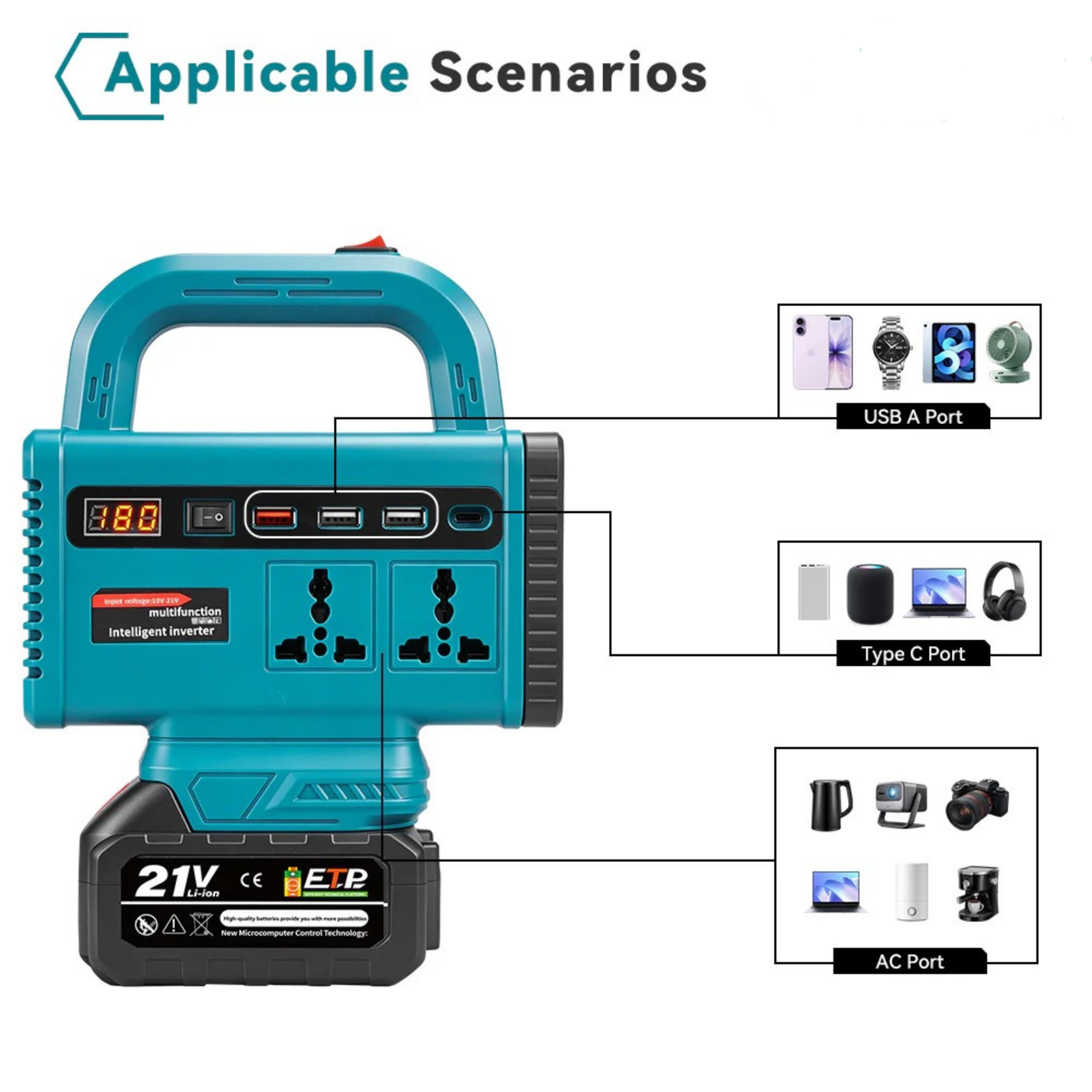 21V Portable Power Station with LED Work Light | Rechargeable Battery Inverter | USB Charging & AC Output