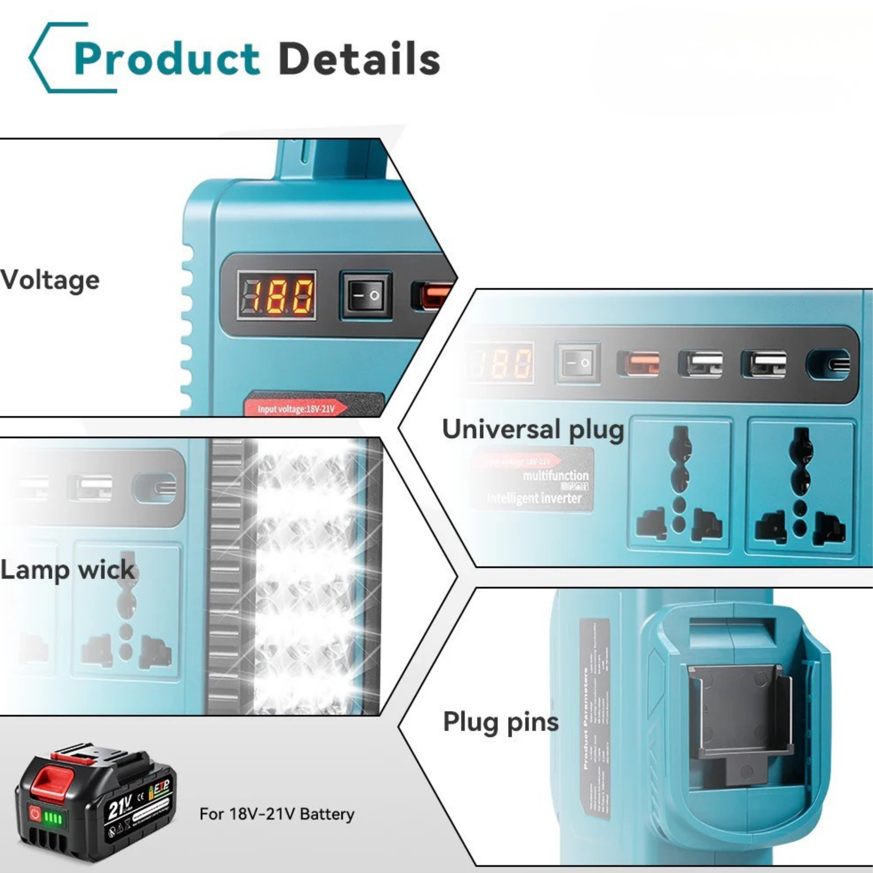 21V Portable Power Station with LED Work Light | Rechargeable Battery Inverter | USB Charging & AC Output