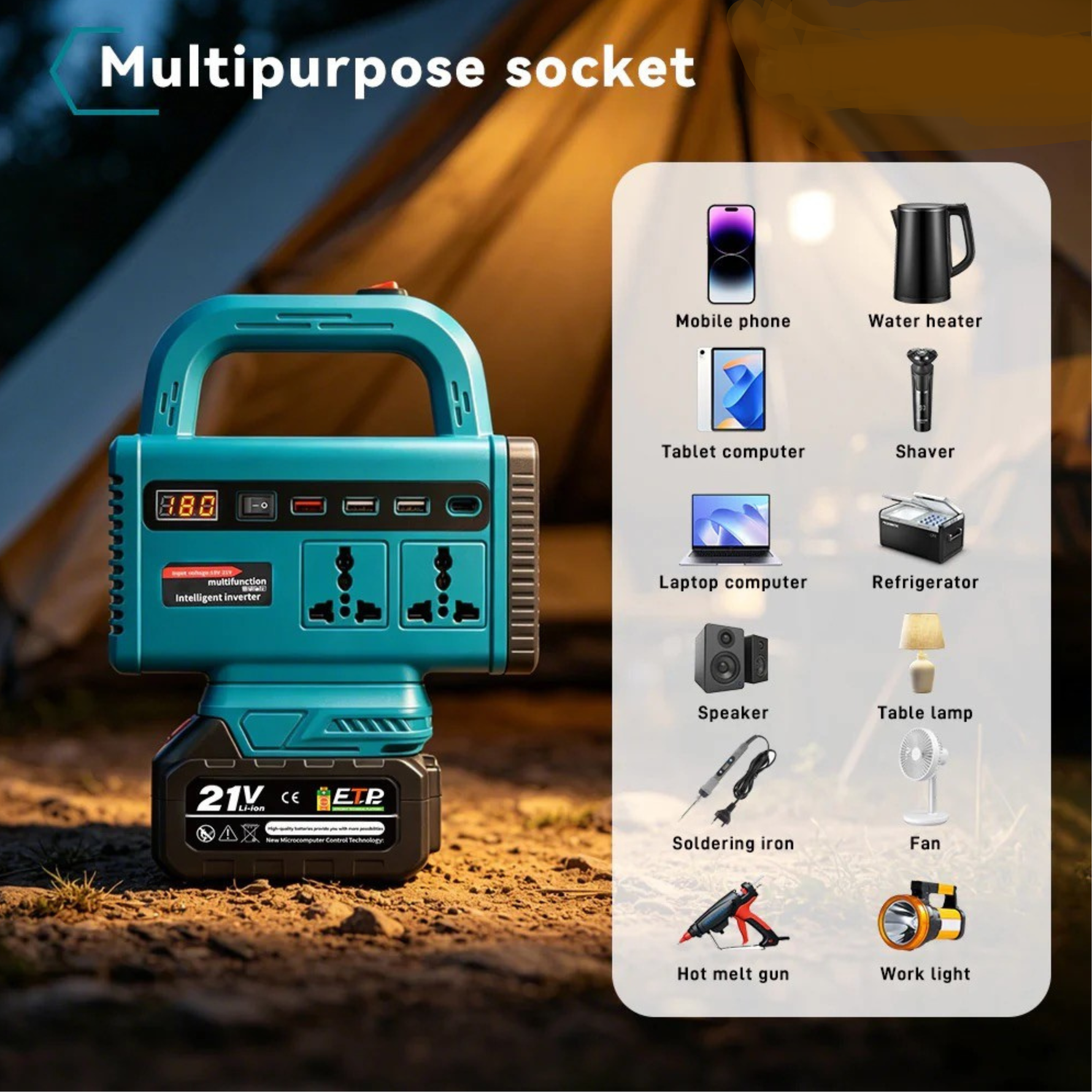 21V Portable Power Station with LED Work Light | Rechargeable Battery Inverter | USB Charging & AC Output